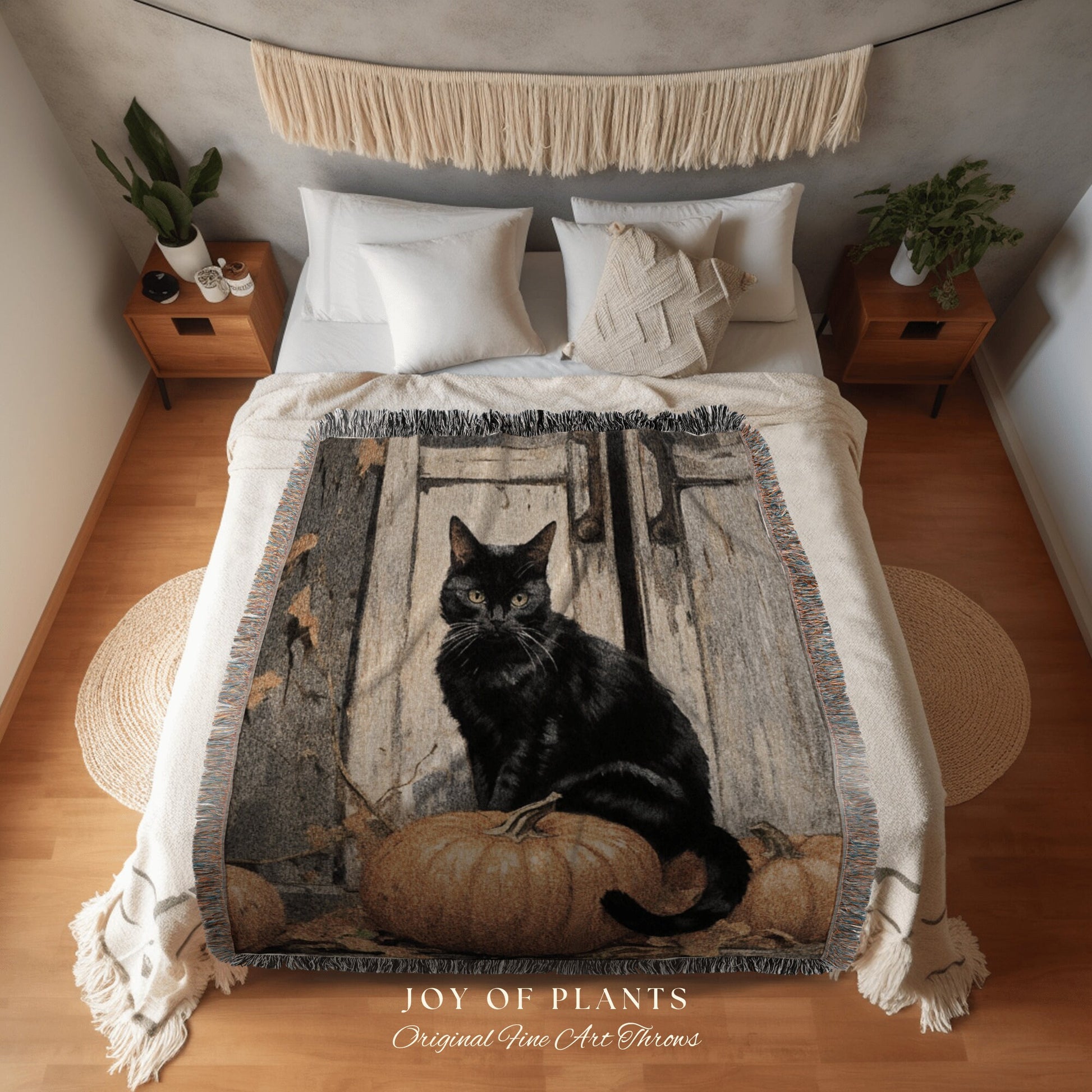 Halloween Pumpkin Black Cat Woven Throw Blanket Vintage Aesthetic Spooky Season Black Cat Halloween Dark Cottagecore Tapestry Witchy Decor