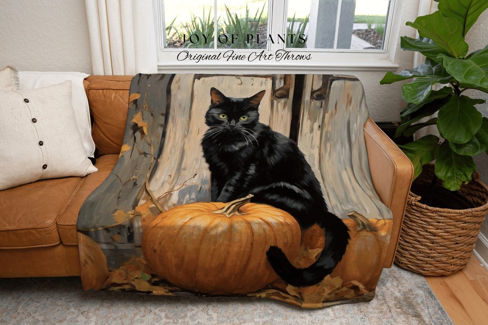 Halloween Pumpkin Black Cat Woven Throw Blanket Vintage Aesthetic Spooky Season Black Cat Halloween Dark Cottagecore Tapestry Witchy Decor