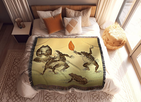 Vintage Japanese Frog Art Blanket Woven | Frog Tapestry | Art Blanket Woven | Frog Funny Tapestry Cottagecore Decor | Woven Tapestry Art |
