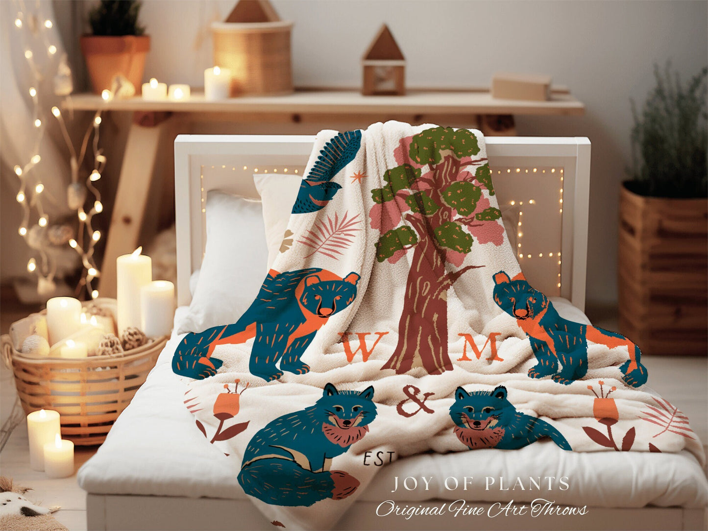 Royal Blue Woodland Blanket Custom Anniversary Gift Cottagecore Wedding Initials Blanket Personalized Couples Gift Blanket Custom Tapestry |