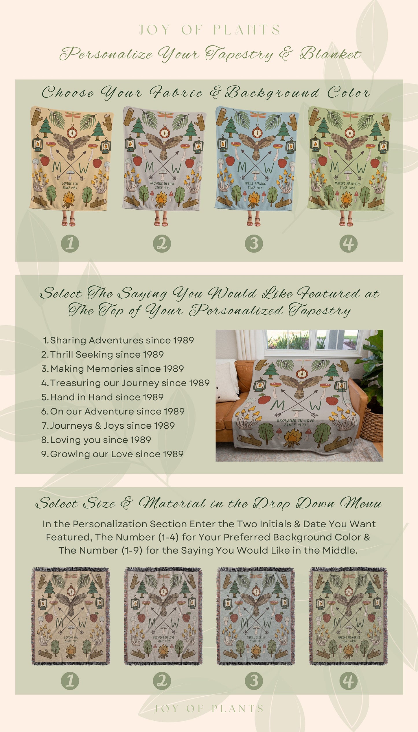 Sage Green Anniversary Blanket Woven Tapestry | Custom Wedding Anniversary Gift for Couple Personalized Tapestry Woven Blanket Gift for Her