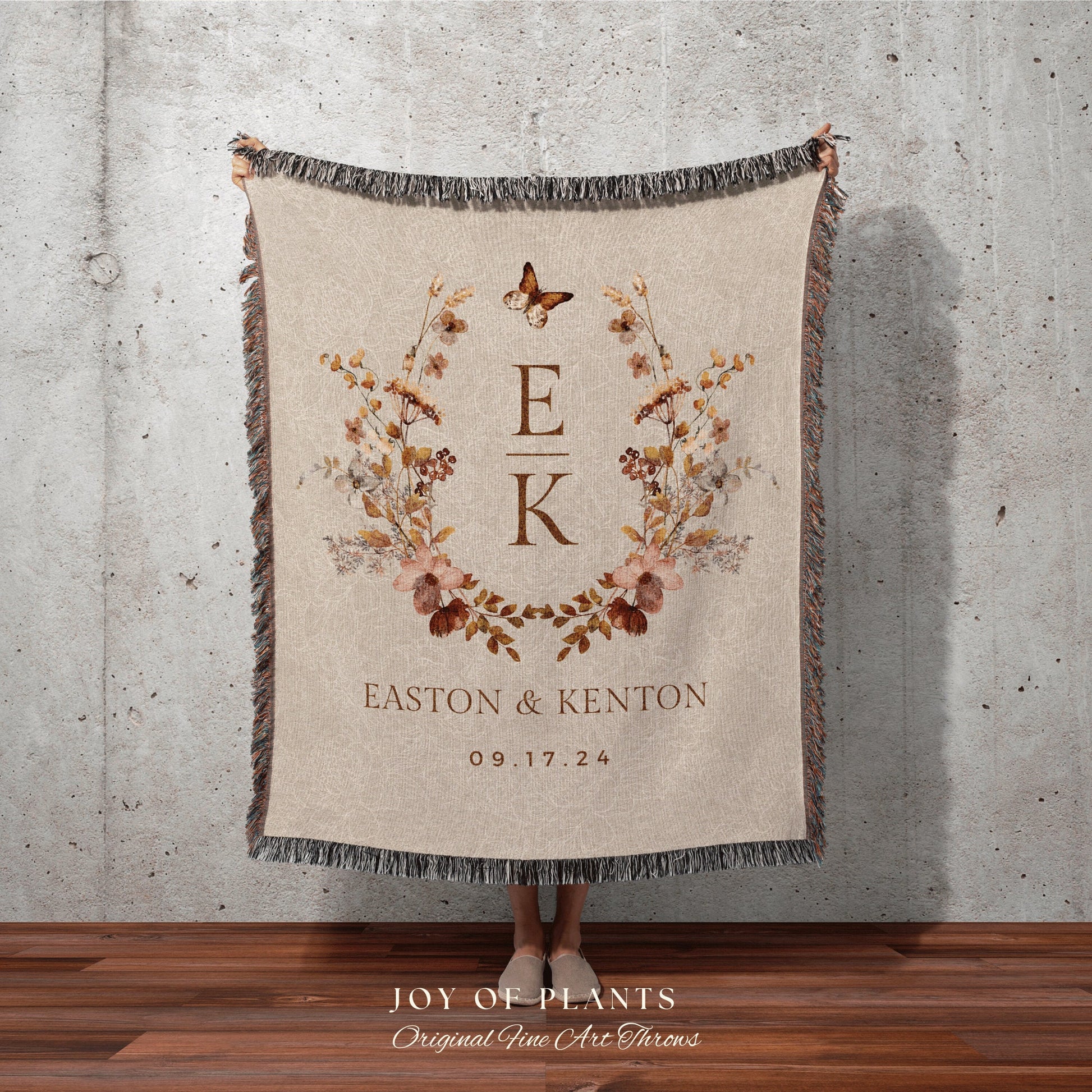 Floral Monogram Blanket Custom | Personalized Name Tapestry Custom Wedding Monogram Couple Keepsake Blanket Anniversary His & Hers Initials