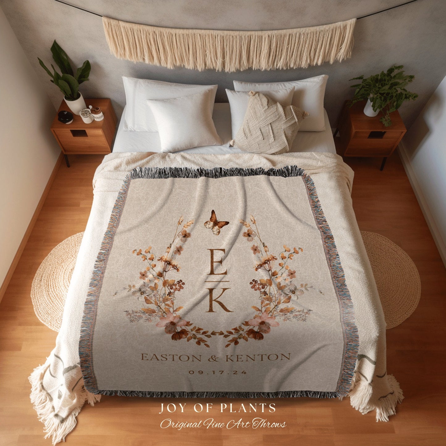 Floral Monogram Blanket Custom | Personalized Name Tapestry Custom Wedding Monogram Couple Keepsake Blanket Anniversary His & Hers Initials