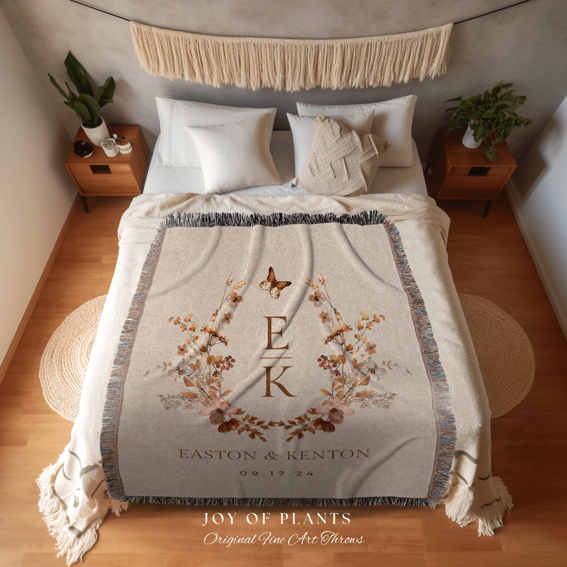 Floral Monogram Blanket Custom | Personalized Name Tapestry Custom Wedding Monogram Couple Keepsake Blanket Anniversary His & Hers Initials