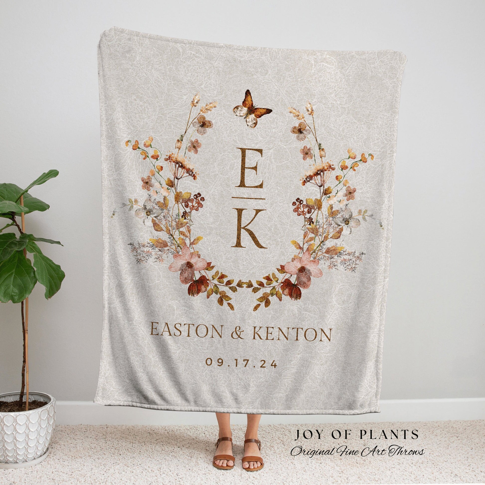 Floral Monogram Blanket Custom | Personalized Name Tapestry Custom Wedding Monogram Couple Keepsake Blanket Anniversary His & Hers Initials