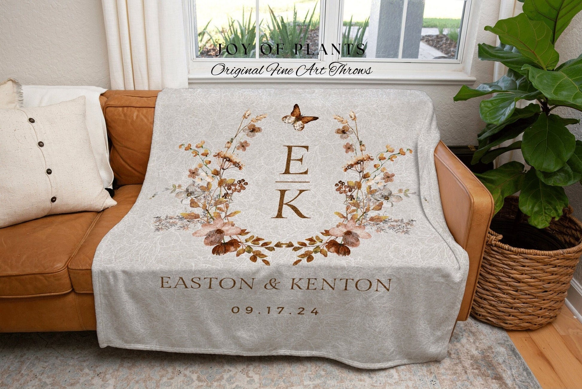 Floral Monogram Blanket Custom | Personalized Name Tapestry Custom Wedding Monogram Couple Keepsake Blanket Anniversary His & Hers Initials