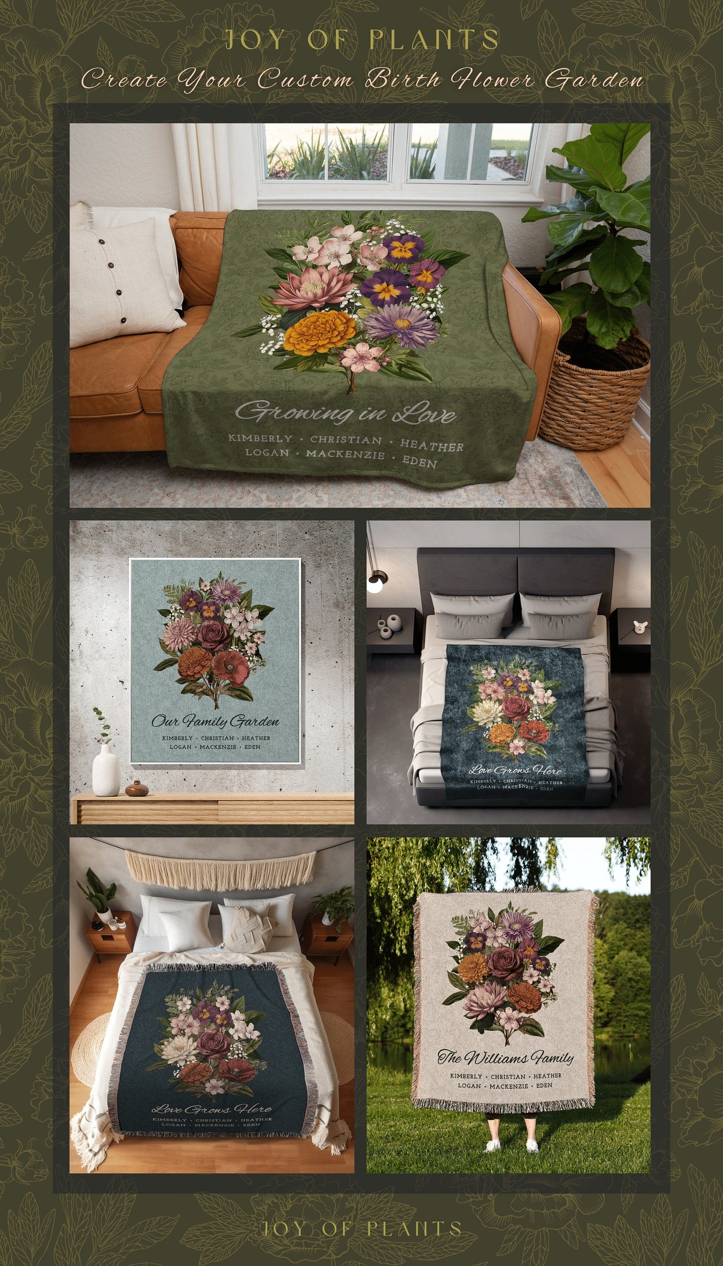 Personalized Birth Month Bouquet | Family Flowers Combined Birth Month Bouquet Mimi's Garden Birth Month Flower Gift for Mom Throw Blanket |