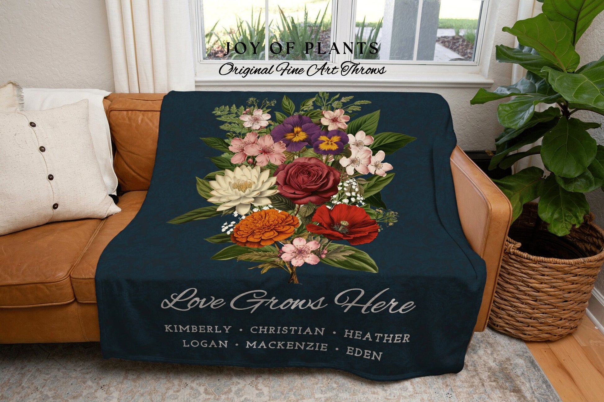 Personalized Birth Month Bouquet | Family Flowers Combined Birth Month Bouquet Mimi's Garden Birth Month Flower Gift for Mom Throw Blanket |