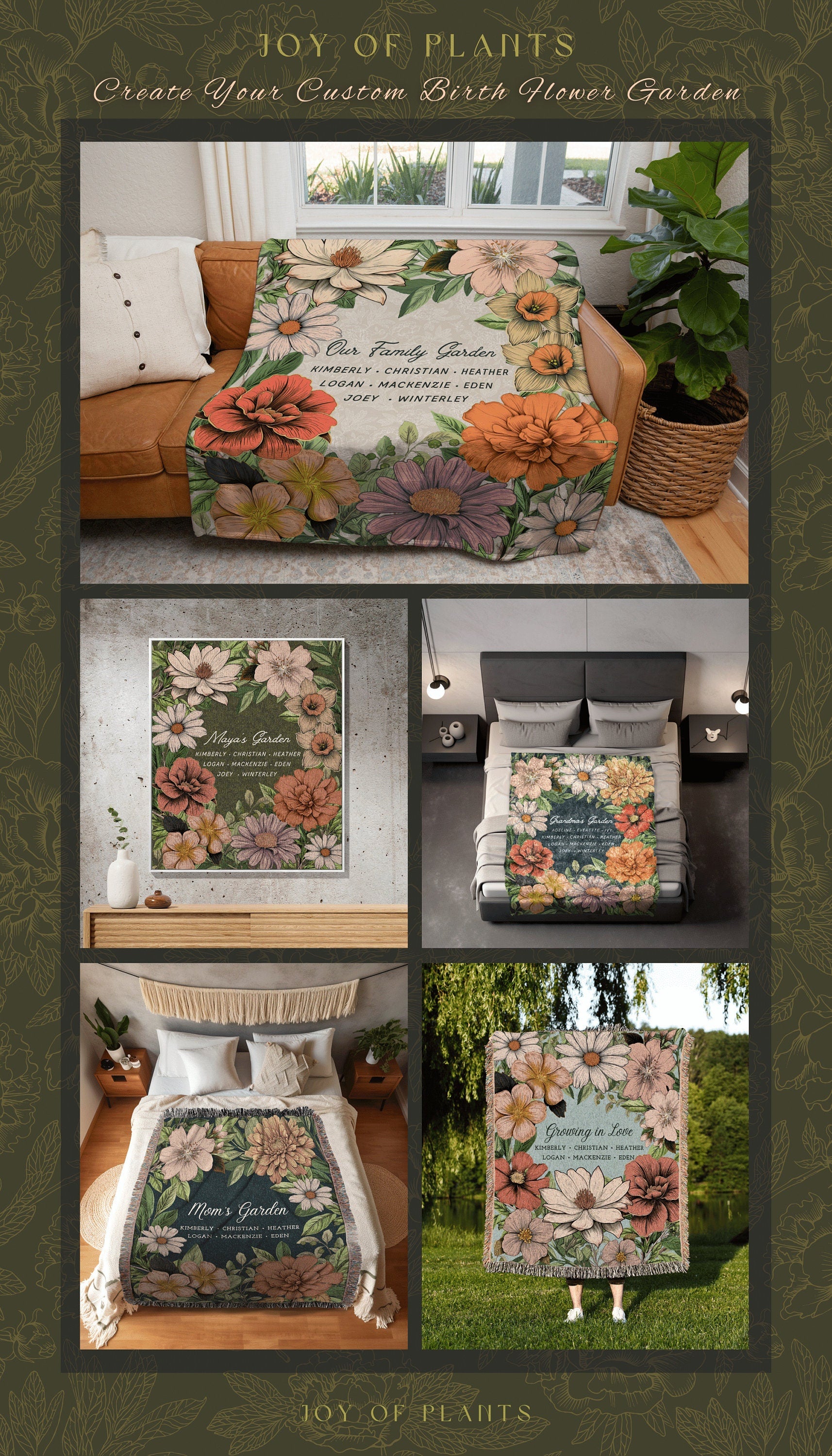 Flower Garden Family Blanket | Personalized Family Birth Months Combined Birth Month Bouquet Mimi's Garden Birth Month Flower Custom Bouquet