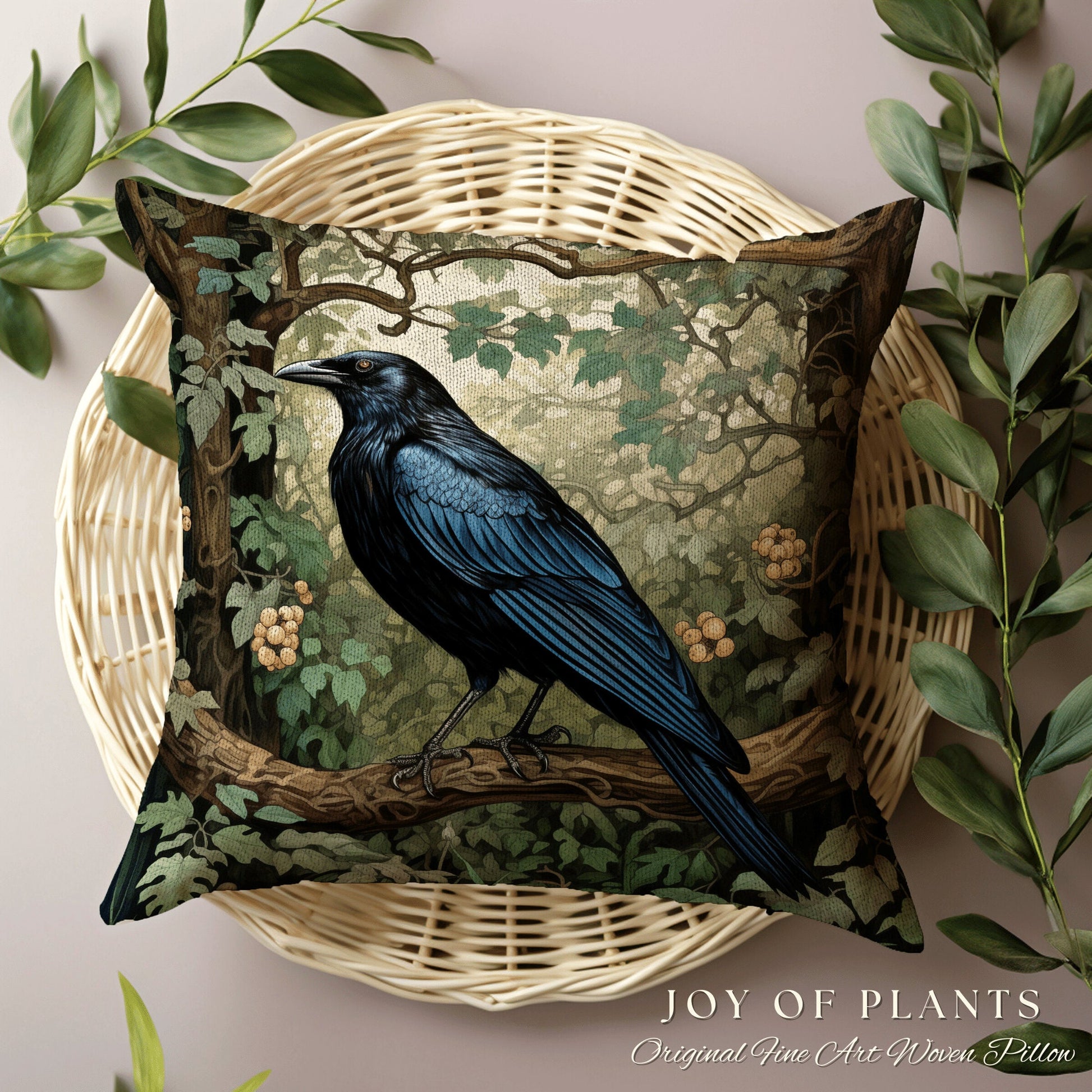 Black Crow Raven Throw Pillow | Morris Inspired Pillow Woodland Crowcore Decor Pillow Maximalist Home Decor Crow Pillow Dark Botanical Decor