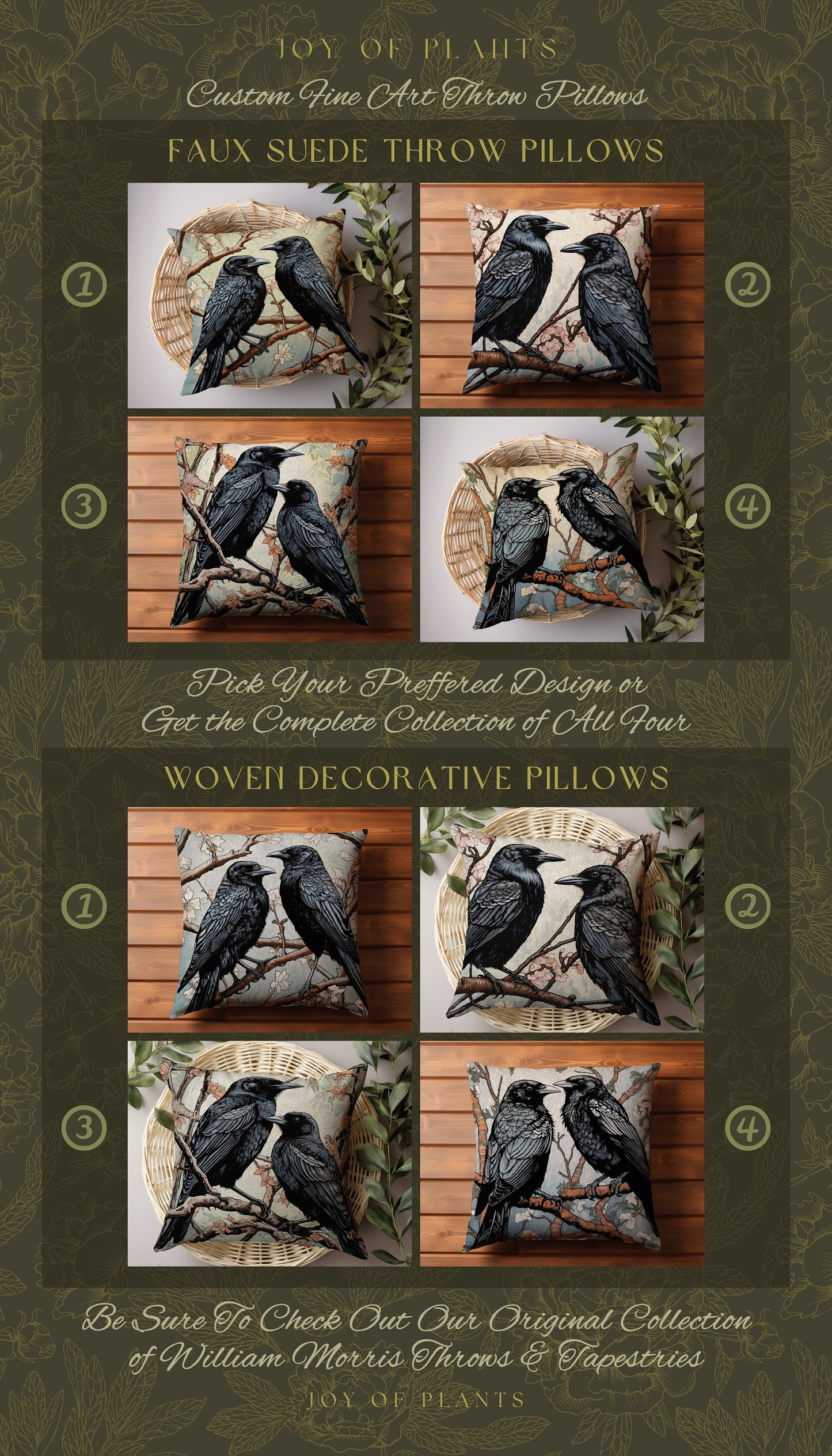 Gothic Crow Throw Pillow Woven | Morris Inspired Pillow Woodland Crowcore Decor Pillow Maximalist Home Decor Crow Pillow Dark Botanical Gift