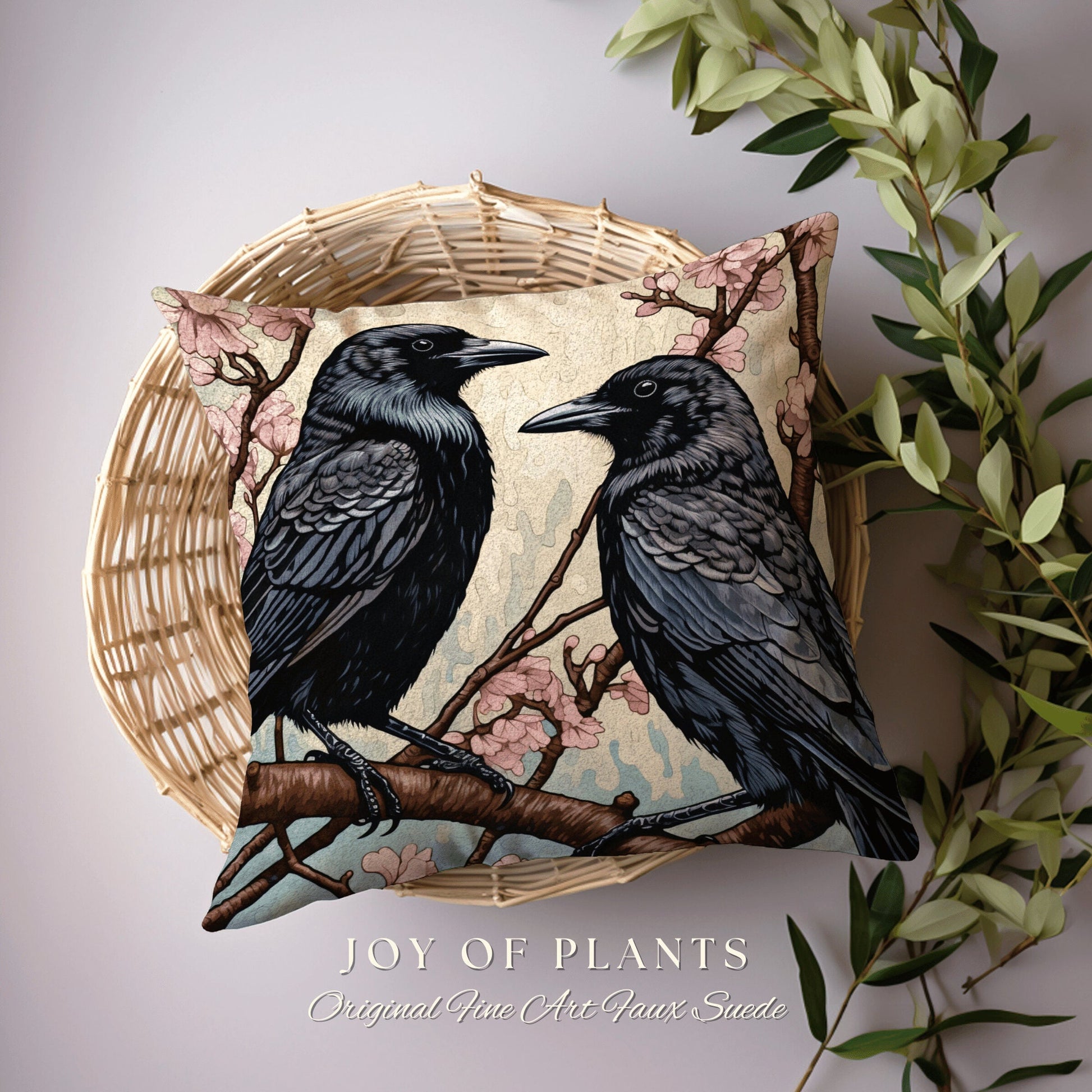 Gothic Crow Throw Pillow Woven | Morris Inspired Pillow Woodland Crowcore Decor Pillow Maximalist Home Decor Crow Pillow Dark Botanical Gift