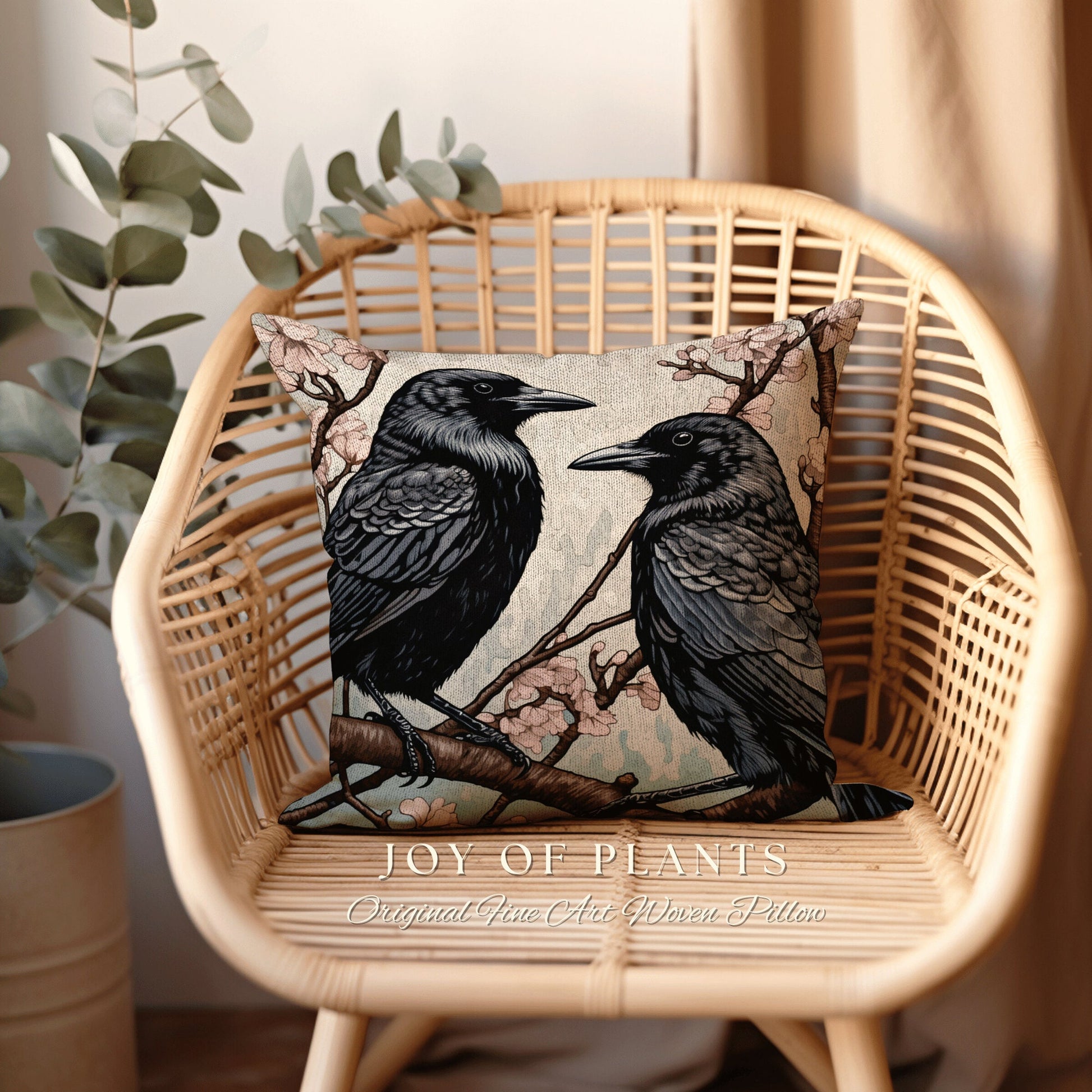 Gothic Crow Throw Pillow Woven | Morris Inspired Pillow Woodland Crowcore Decor Pillow Maximalist Home Decor Crow Pillow Dark Botanical Gift