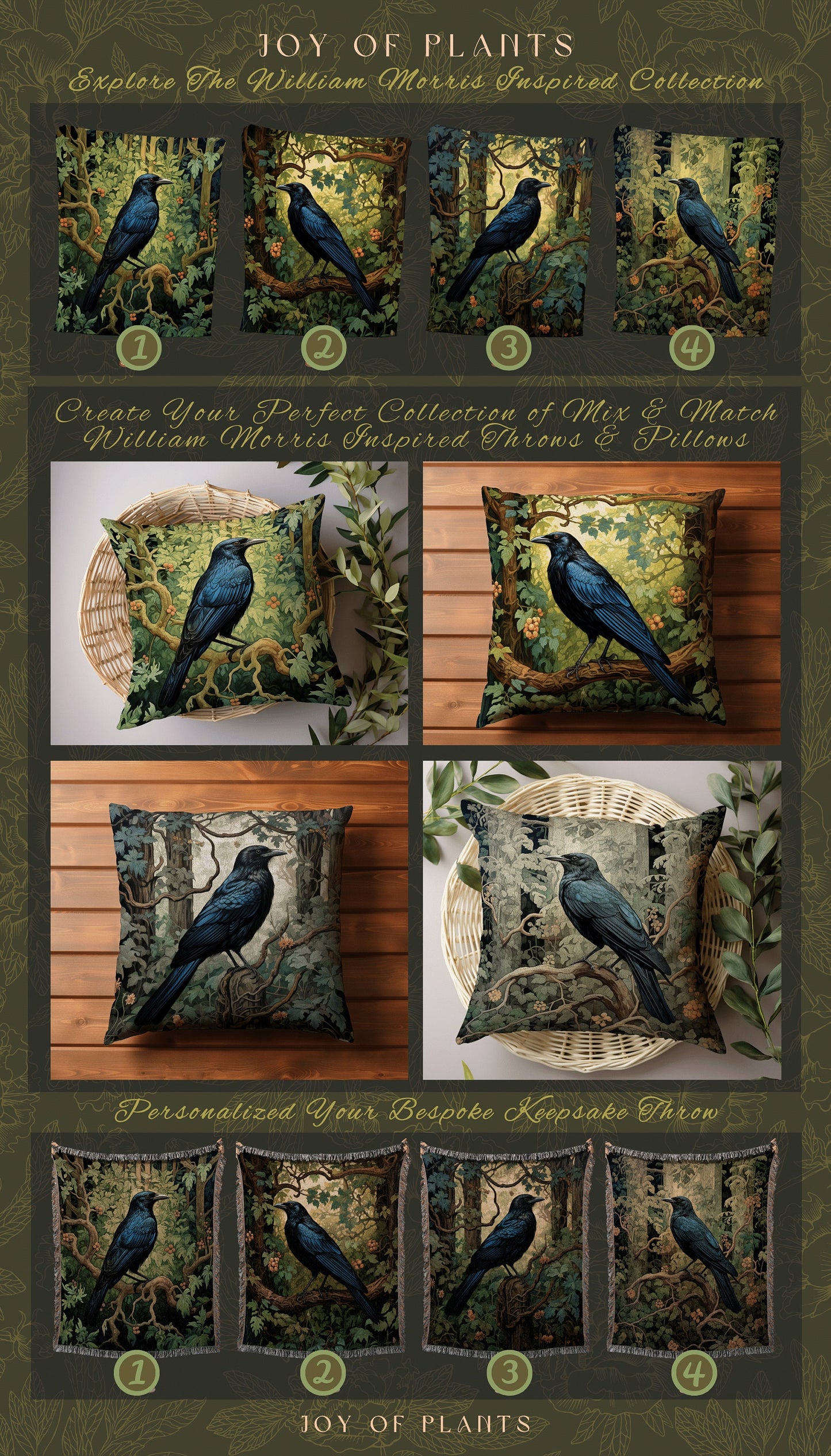 Black Crow Raven Throw Pillow | Morris Inspired Pillow Woodland Crowcore Decor Pillow Maximalist Home Decor Crow Pillow Dark Botanical Decor