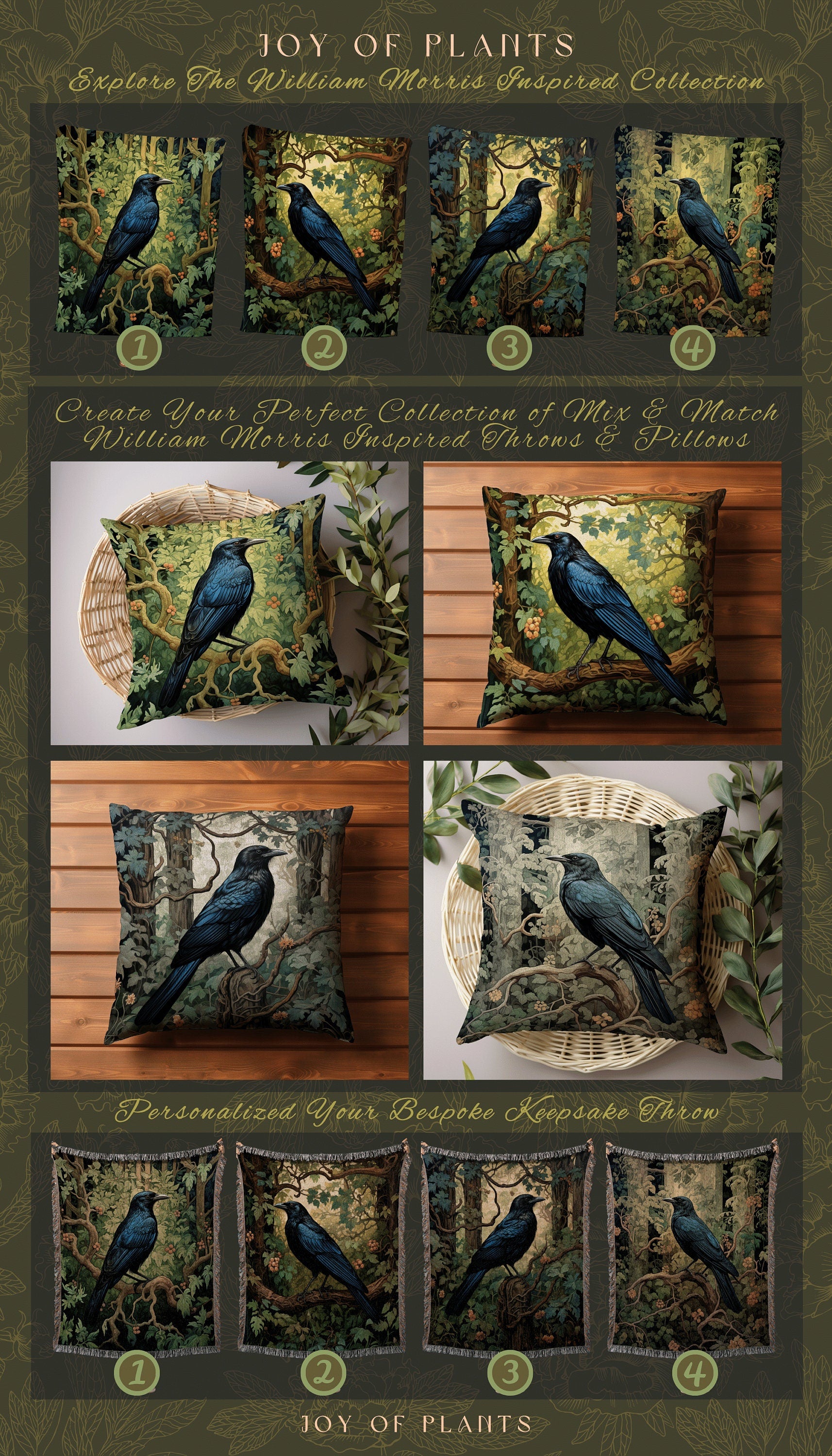 Black Crow Raven Throw Pillow | Morris Inspired Pillow Woodland Crowcore Decor Pillow Maximalist Home Decor Crow Pillow Dark Botanical Decor