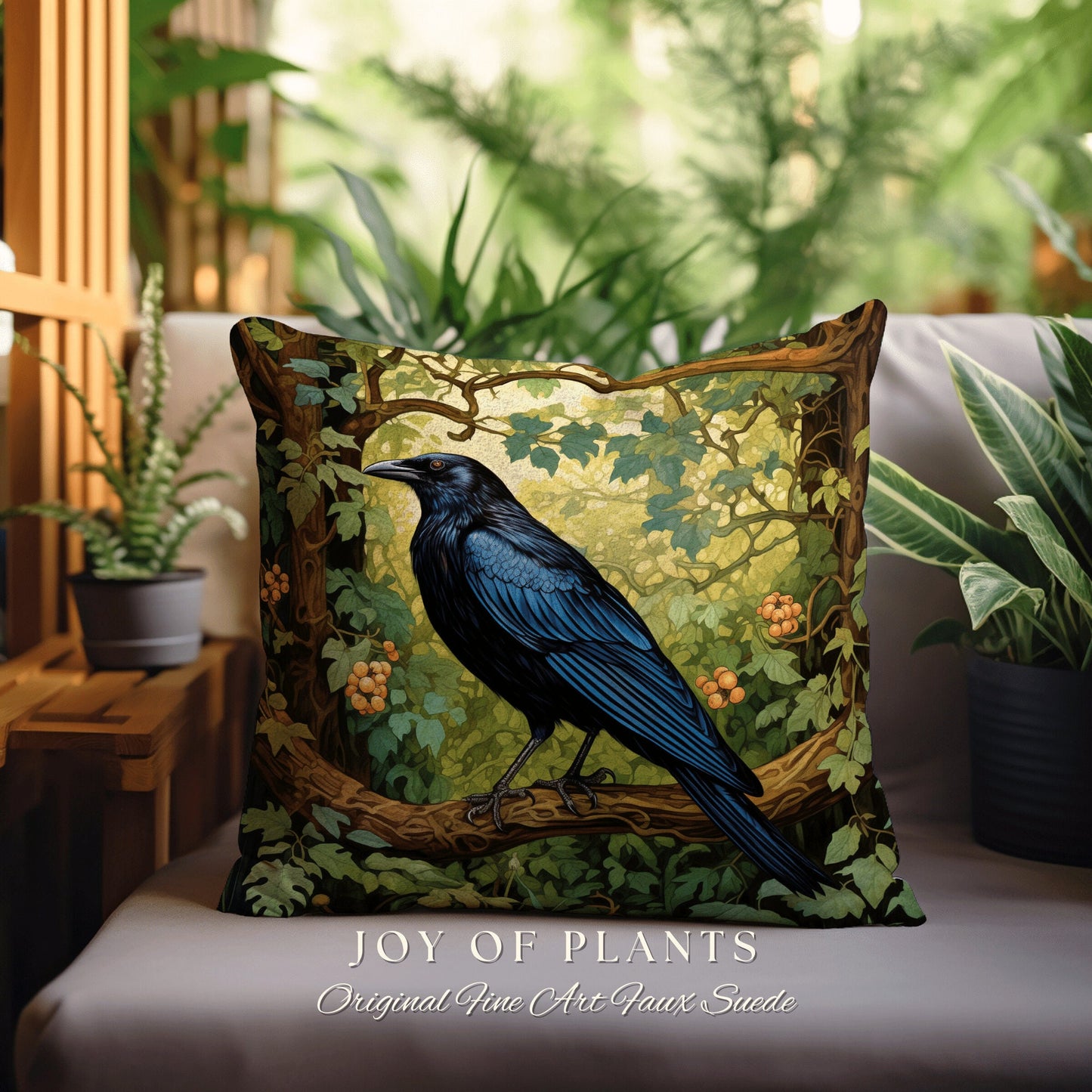 Black Crow Raven Throw Pillow | Morris Inspired Pillow Woodland Crowcore Decor Pillow Maximalist Home Decor Crow Pillow Dark Botanical Decor