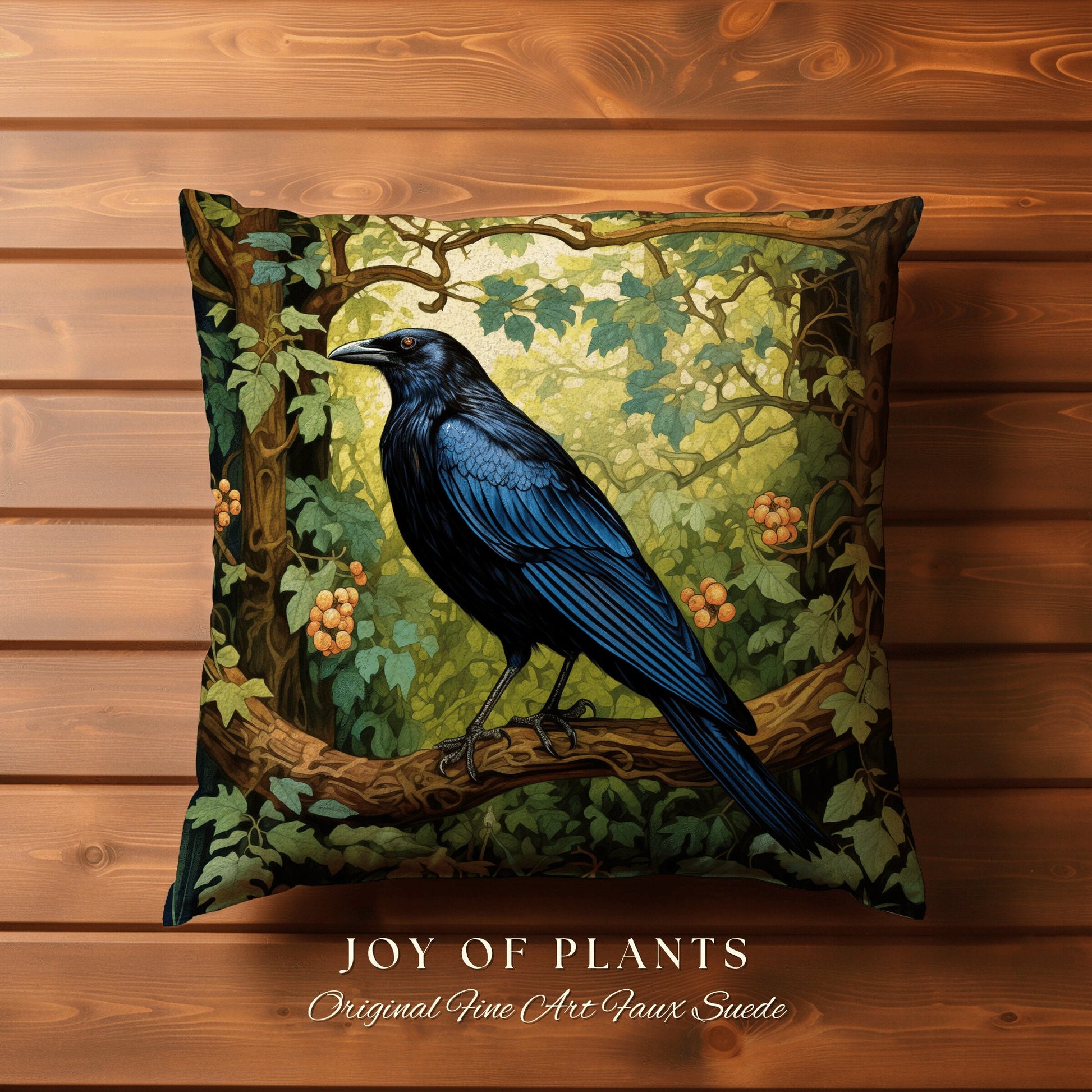 Black Crow Raven Throw Pillow | Morris Inspired Pillow Woodland Crowcore Decor Pillow Maximalist Home Decor Crow Pillow Dark Botanical Decor