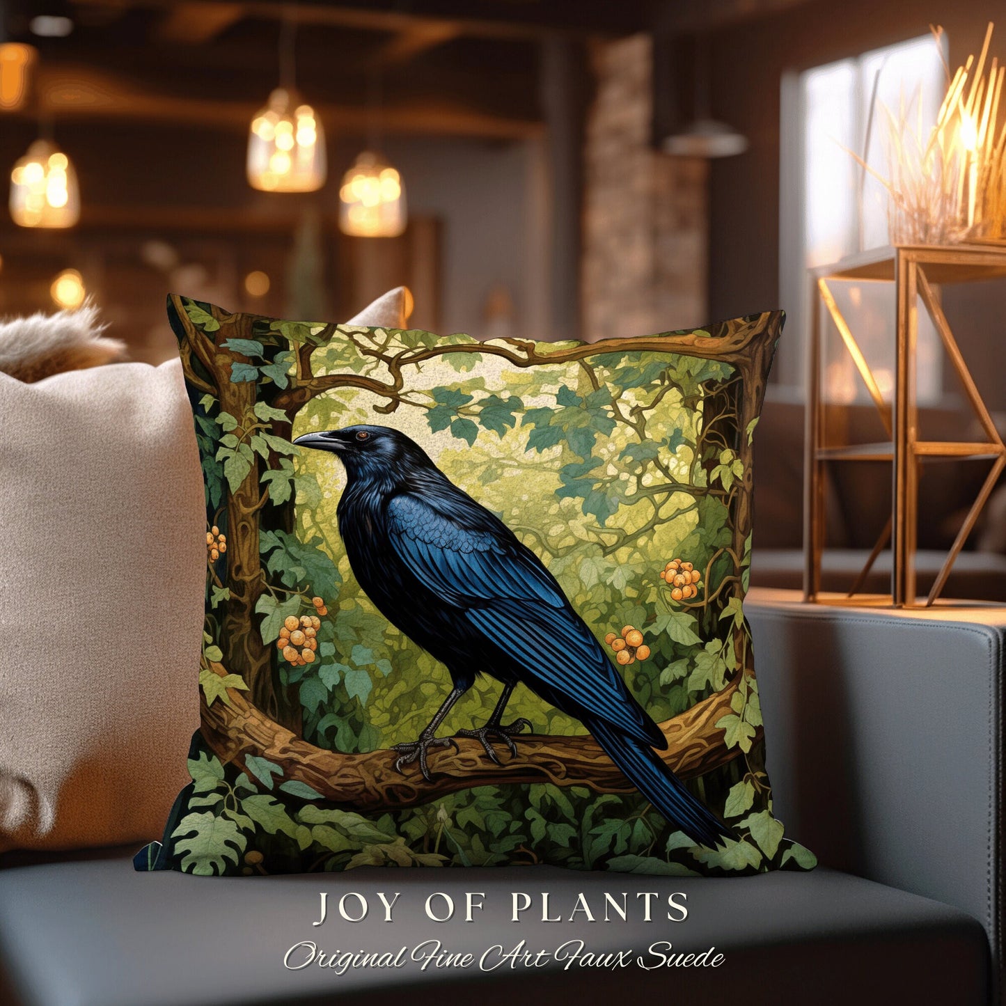 Black Crow Raven Throw Pillow | Morris Inspired Pillow Woodland Crowcore Decor Pillow Maximalist Home Decor Crow Pillow Dark Botanical Decor