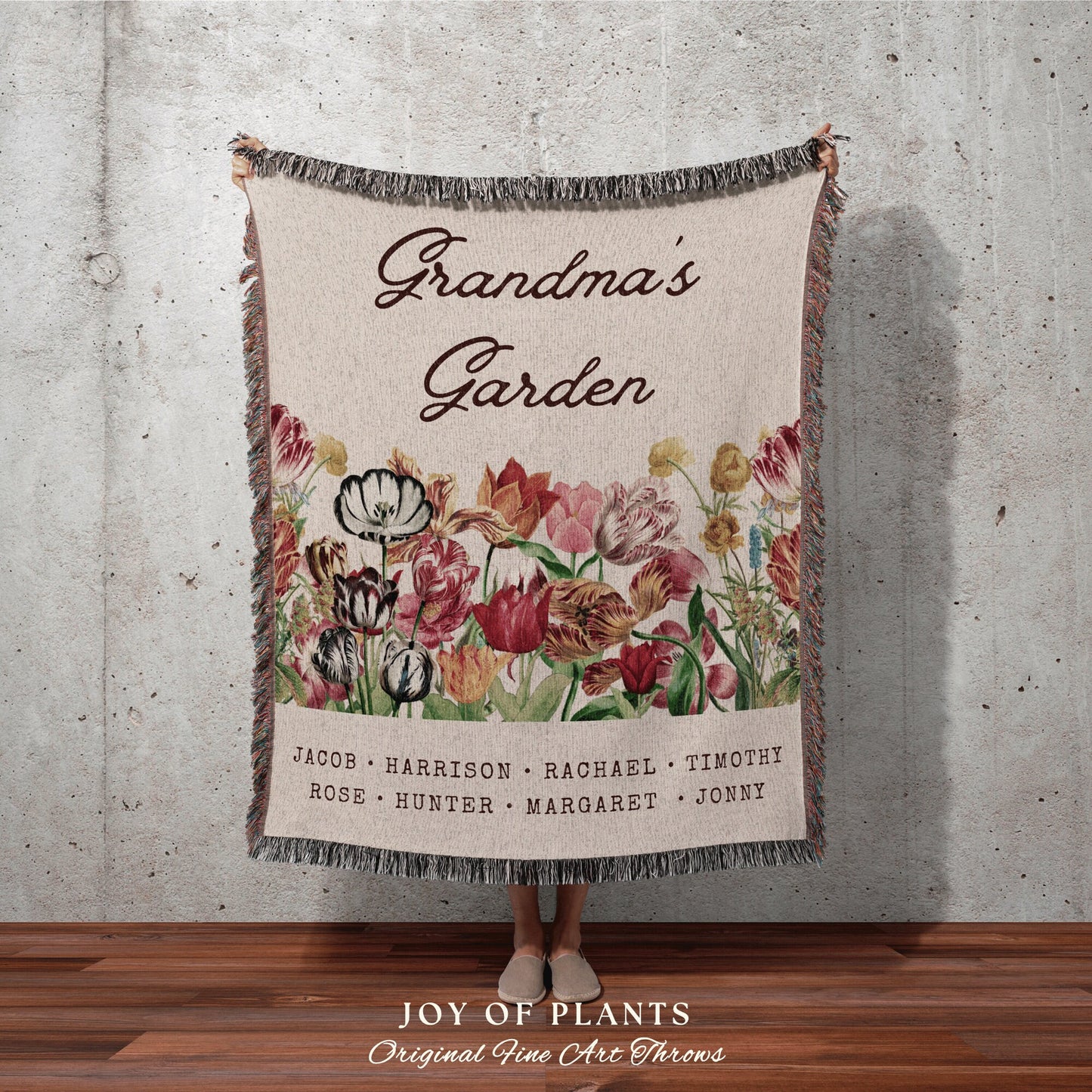 Thoughtful Mother's Day Blanket | Personalized Family Name Tapestry Grandkid's Names Grandmas Garden Sentimental Gift for the Home Custom