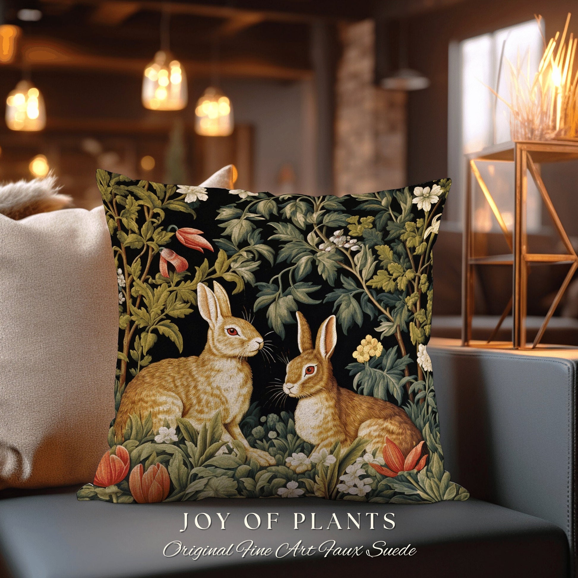 Woodland Botanical Accent Pillow | Fairycore Woven Tapestry Pillow Boho Room Decor Spring Bunny Aesthetic Rabbit Cushion Cottagecore