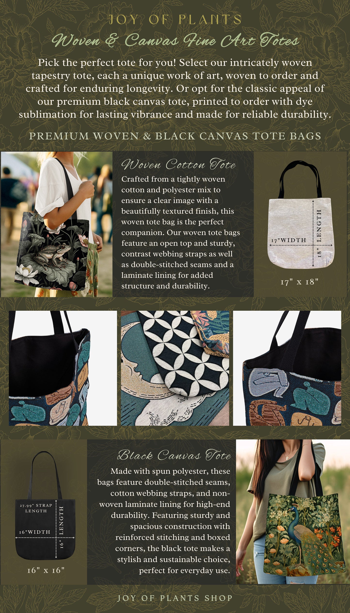 Emerald Green Floral Tree of Life Tote | Botanical Forestcore Folklore Vintage Floral Enchanted Bag Cottagecore Whimsical Natural Aesthetic