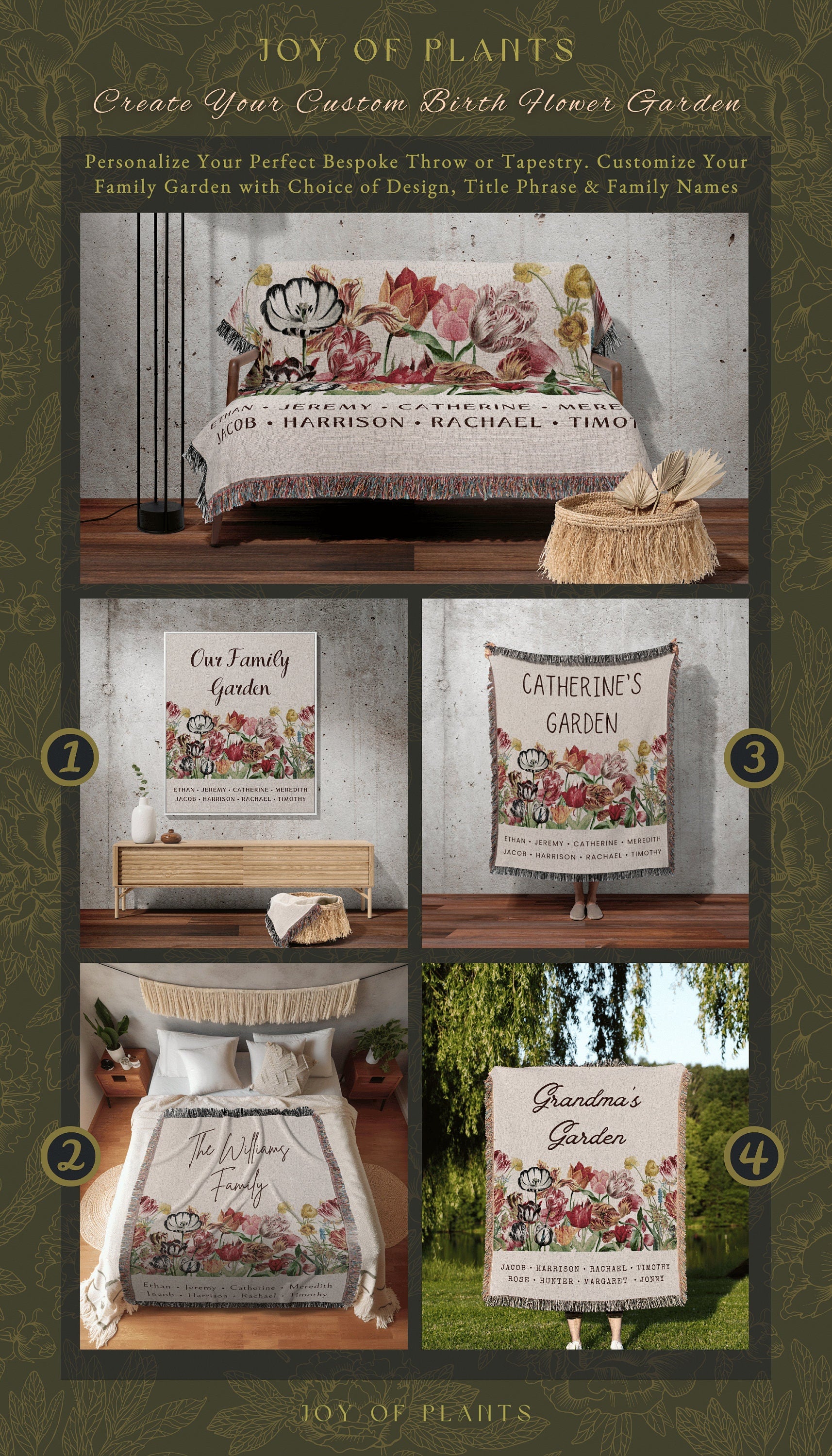 Thoughtful Mother's Day Blanket | Personalized Family Name Tapestry Grandkid's Names Grandmas Garden Sentimental Gift for the Home Custom