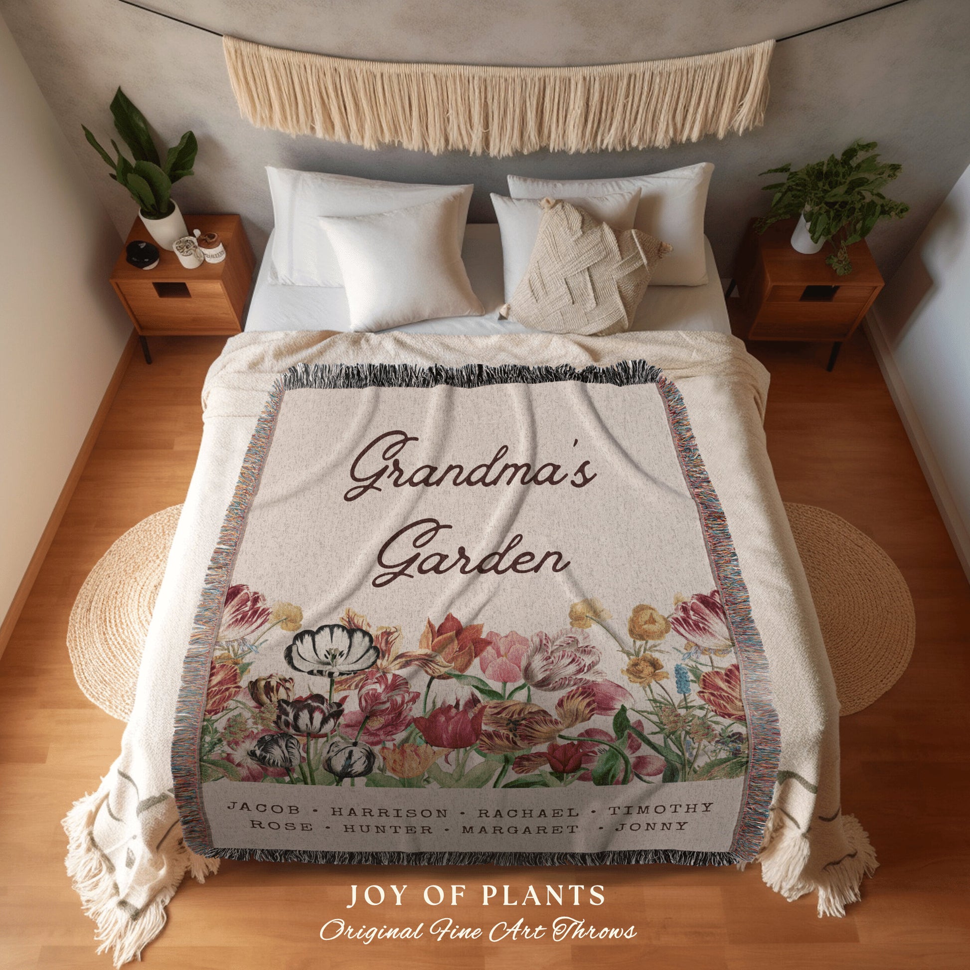 Thoughtful Mother's Day Blanket | Personalized Family Name Tapestry Grandkid's Names Grandmas Garden Sentimental Gift for the Home Custom