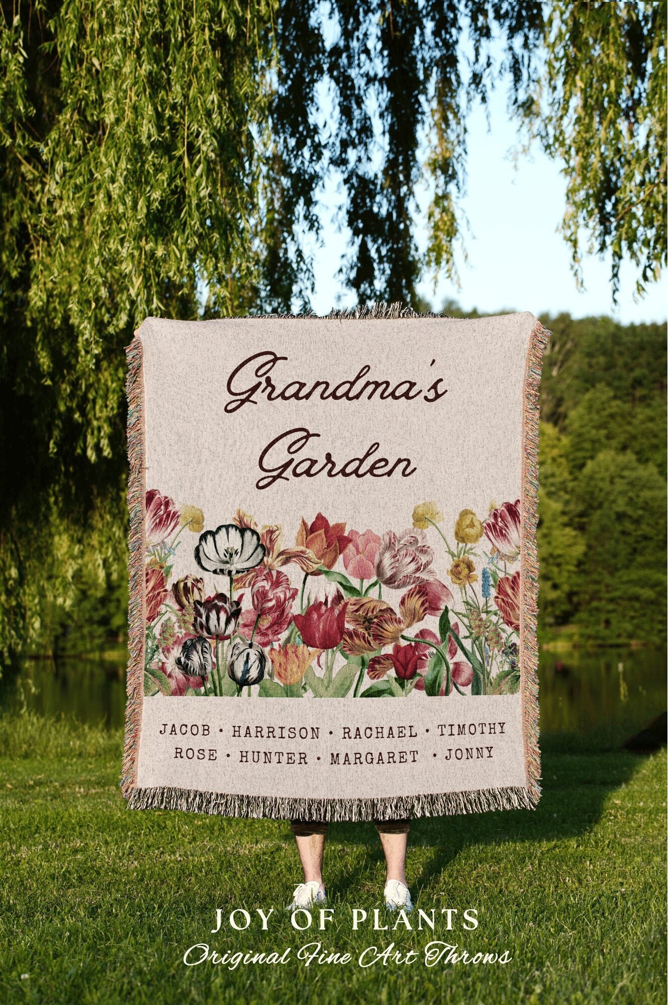 Thoughtful Mother's Day Blanket | Personalized Family Name Tapestry Grandkid's Names Grandmas Garden Sentimental Gift for the Home Custom