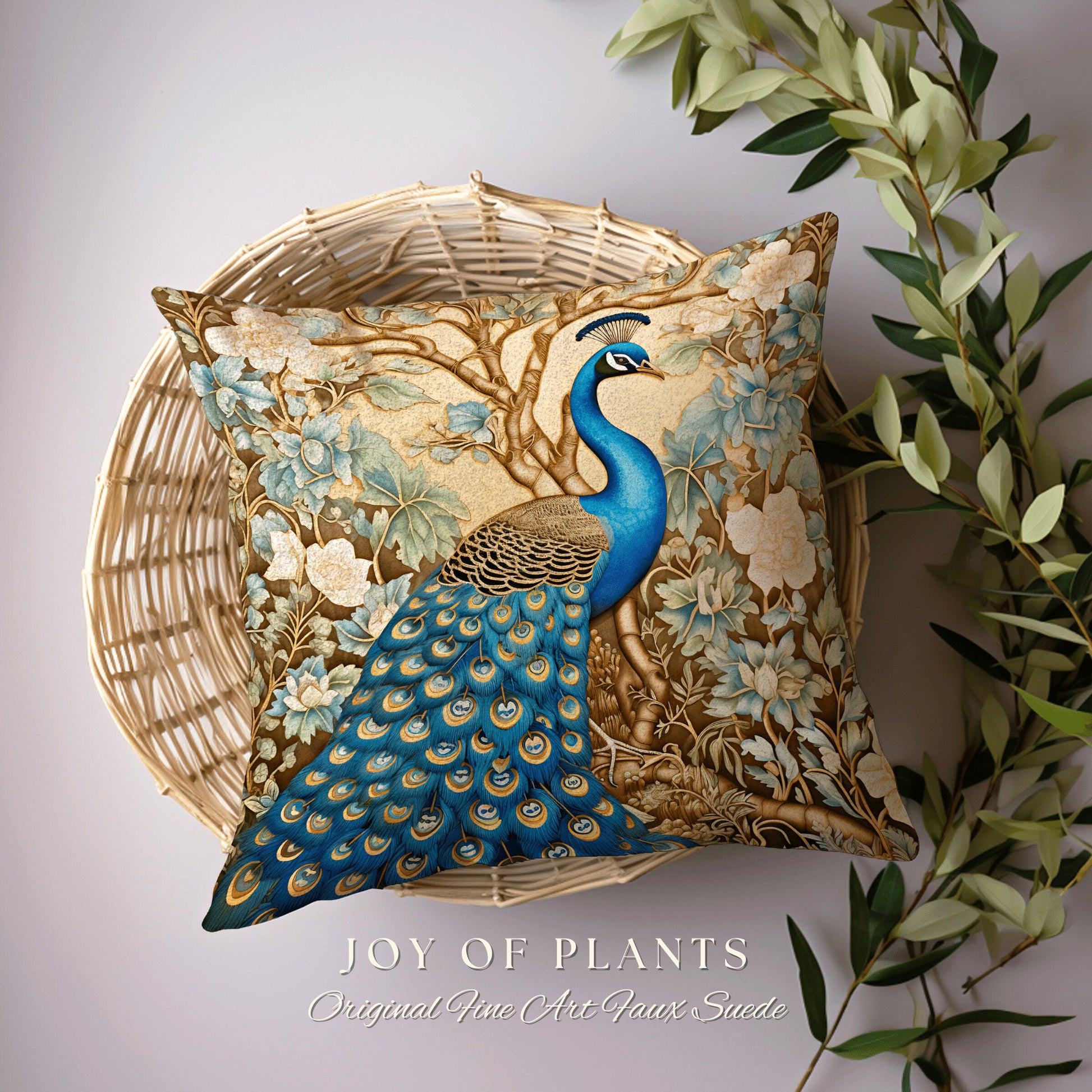 Peacock Couch Cushion Pastel | William Morris Inspired Peacock Pillow Woodland Aesthetic Cushion Botanical Ornate Home Decor Eclectic Accent