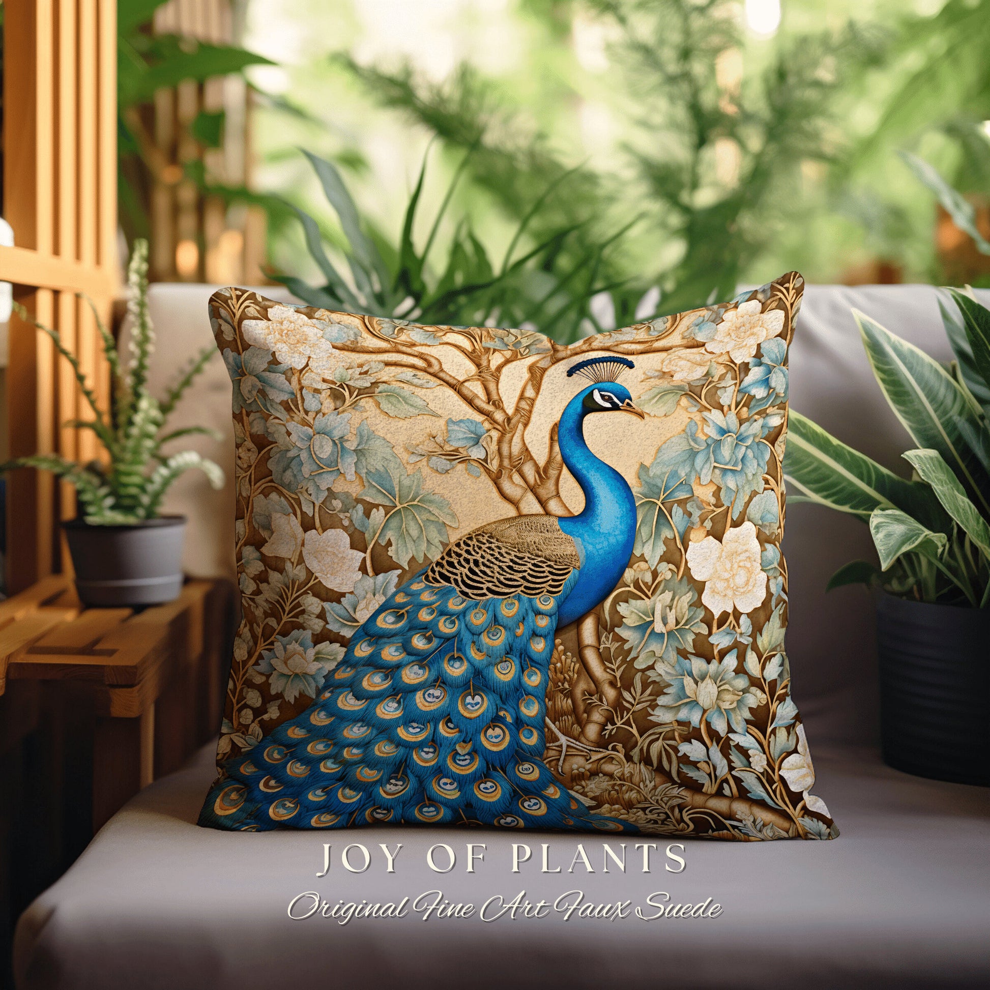 Peacock Couch Cushion Pastel | William Morris Inspired Peacock Pillow Woodland Aesthetic Cushion Botanical Ornate Home Decor Eclectic Accent