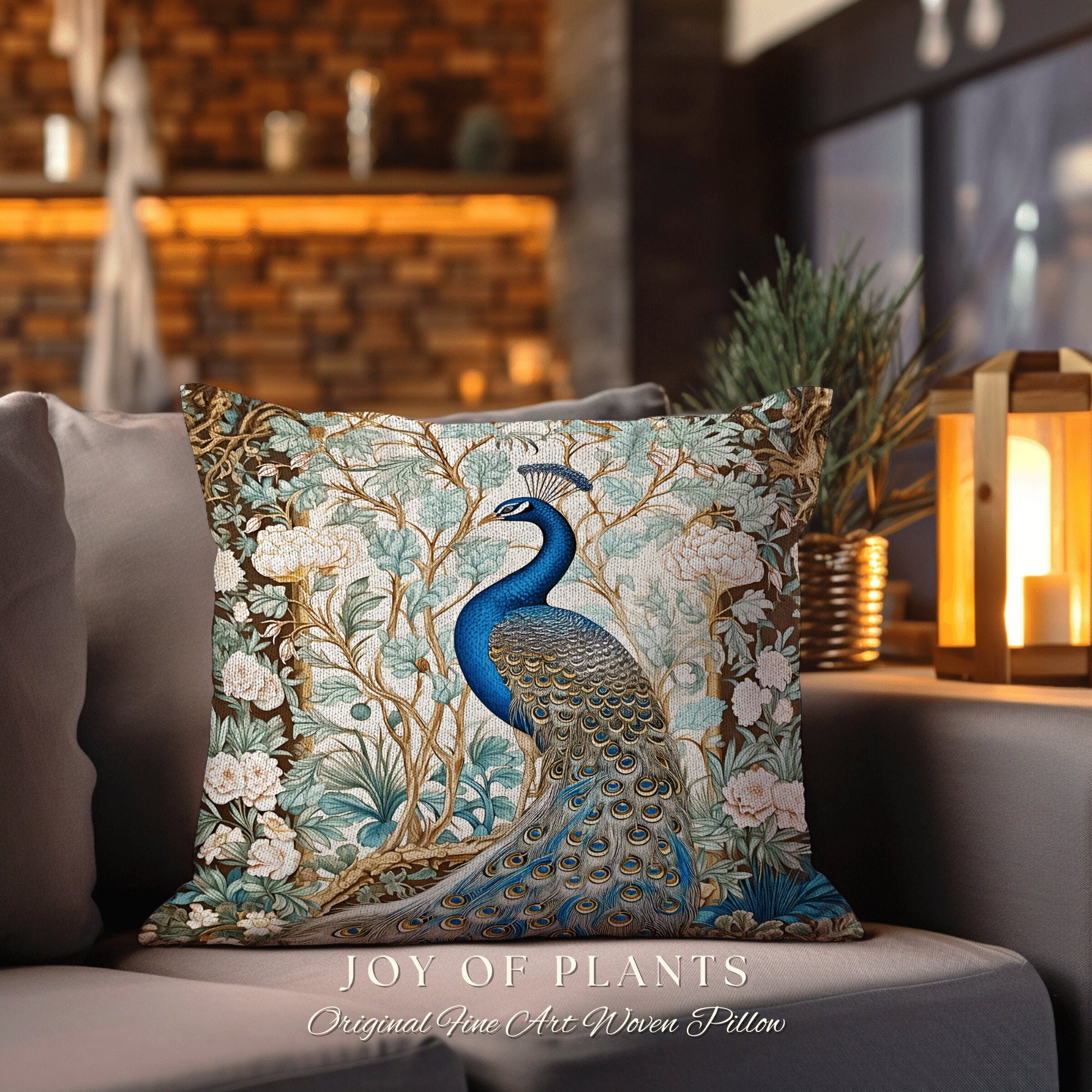 Soft Botanical Peacock Pillow | William Morris Style Peacock Pillow Woodland Royal Aesthetic Cushion Botanical Ornate Home Decor Eclectic