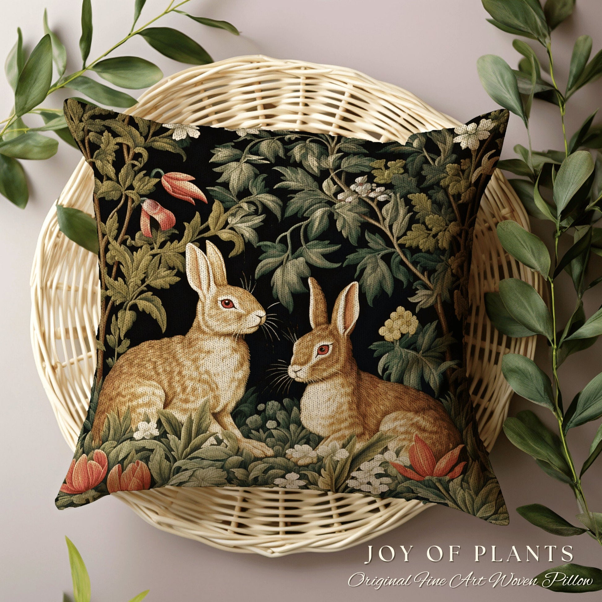 Woodland Botanical Accent Pillow | Fairycore Woven Tapestry Pillow Boho Room Decor Spring Bunny Aesthetic Rabbit Cushion Cottagecore