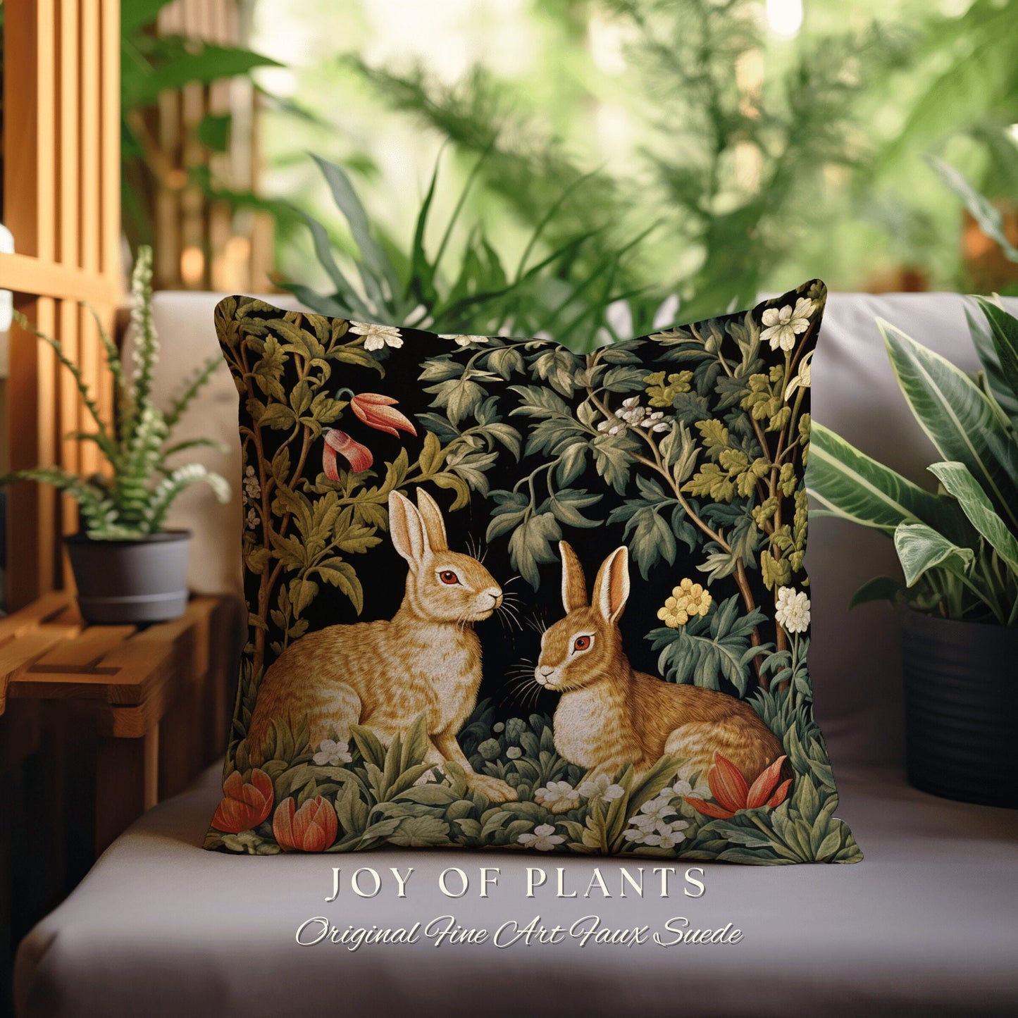 Woodland Botanical Accent Pillow | Fairycore Woven Tapestry Pillow Boho Room Decor Spring Bunny Aesthetic Rabbit Cushion Cottagecore