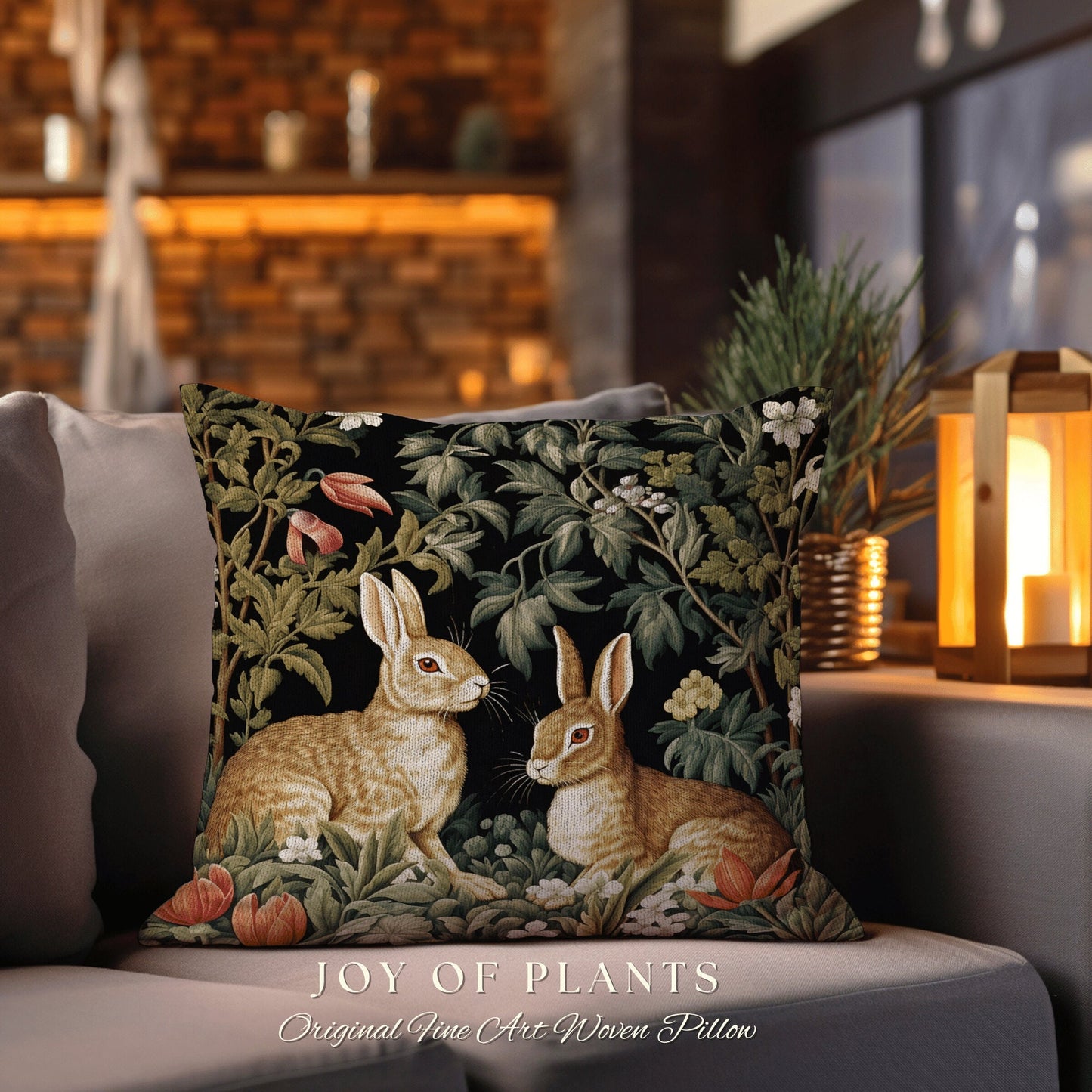 Woodland Botanical Accent Pillow | Fairycore Woven Tapestry Pillow Boho Room Decor Spring Bunny Aesthetic Rabbit Cushion Cottagecore