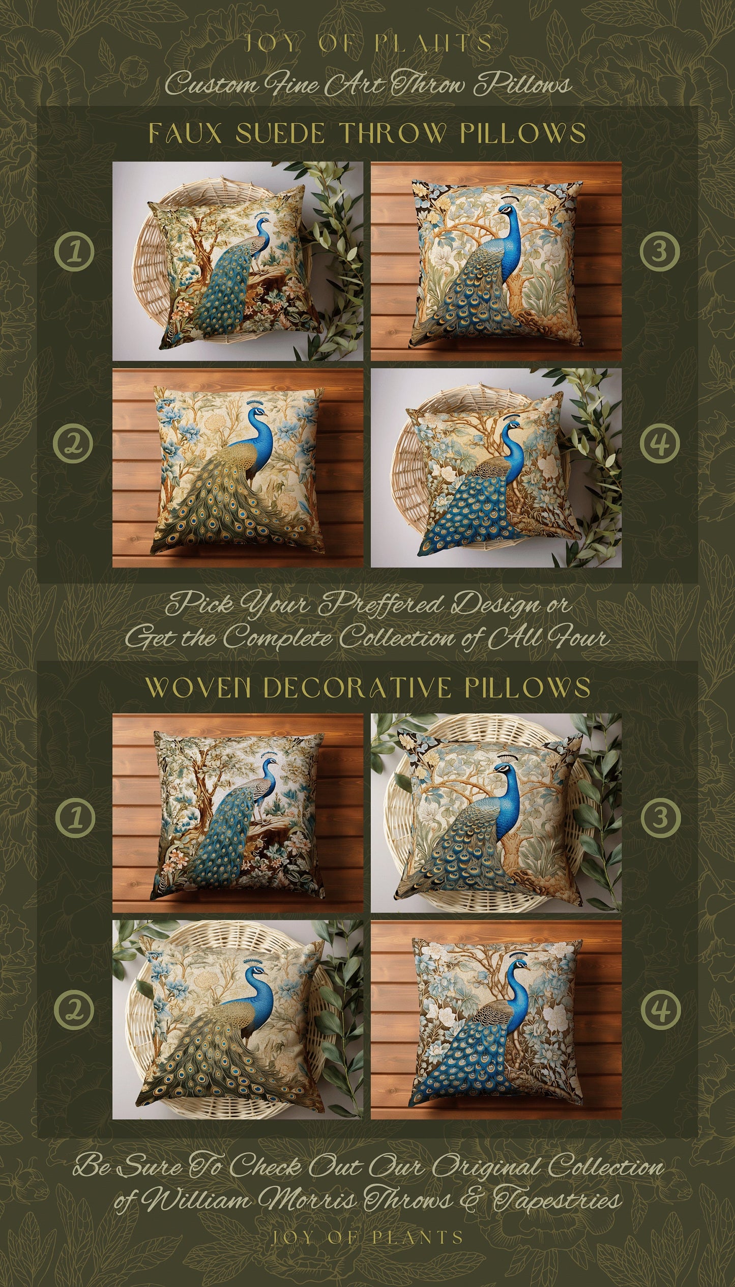 Peacock Couch Cushion Pastel | William Morris Inspired Peacock Pillow Woodland Aesthetic Cushion Botanical Ornate Home Decor Eclectic Accent