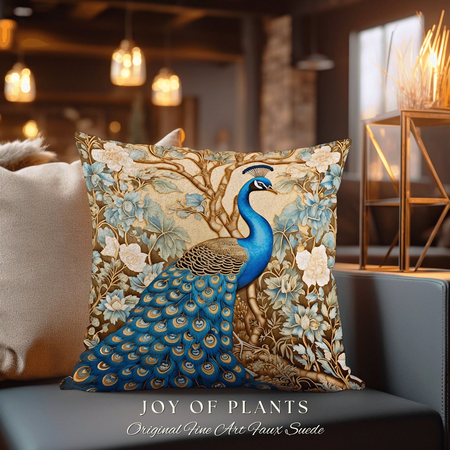 Peacock Couch Cushion Pastel | William Morris Inspired Peacock Pillow Woodland Aesthetic Cushion Botanical Ornate Home Decor Eclectic Accent