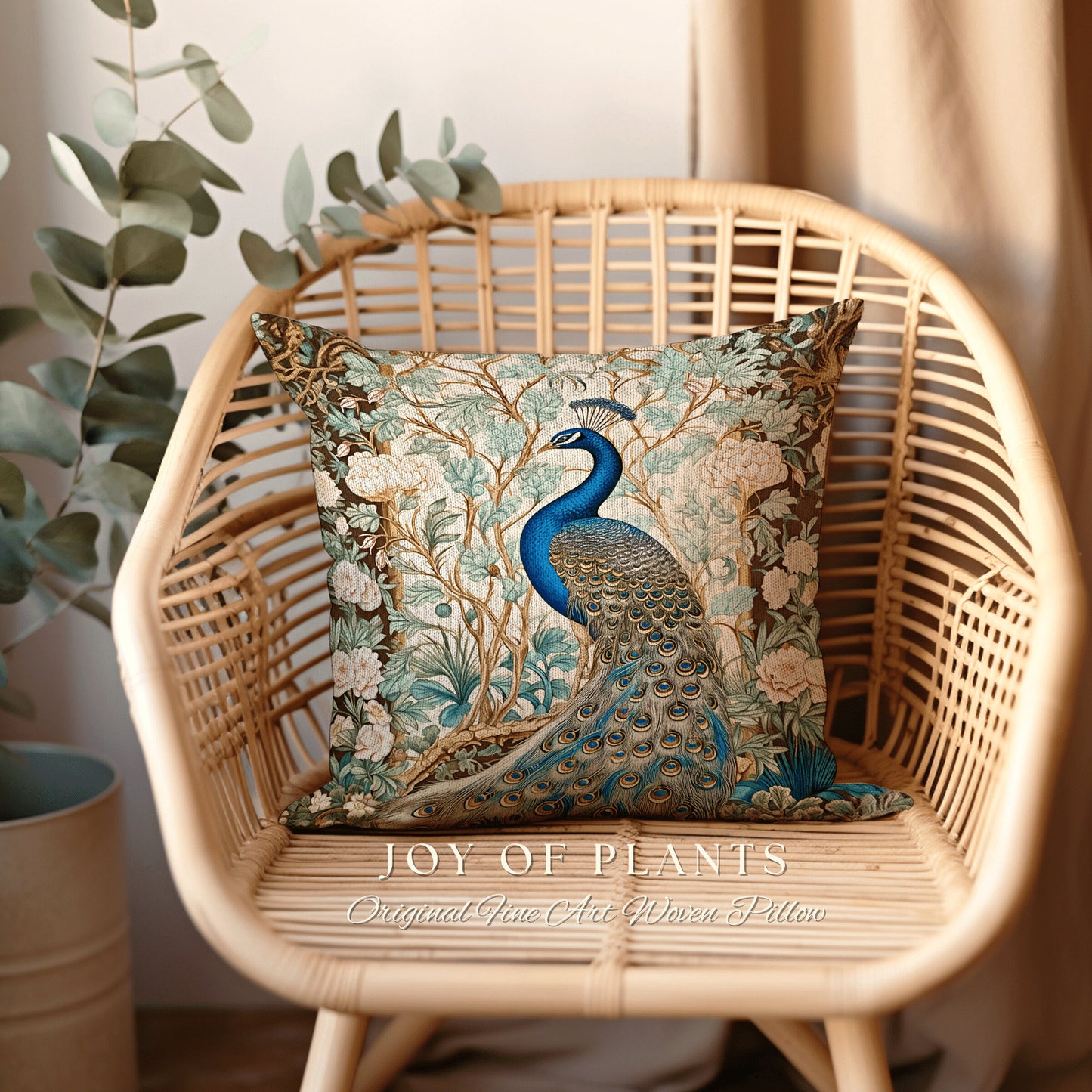 Soft Botanical Peacock Pillow | William Morris Style Peacock Pillow Woodland Royal Aesthetic Cushion Botanical Ornate Home Decor Eclectic