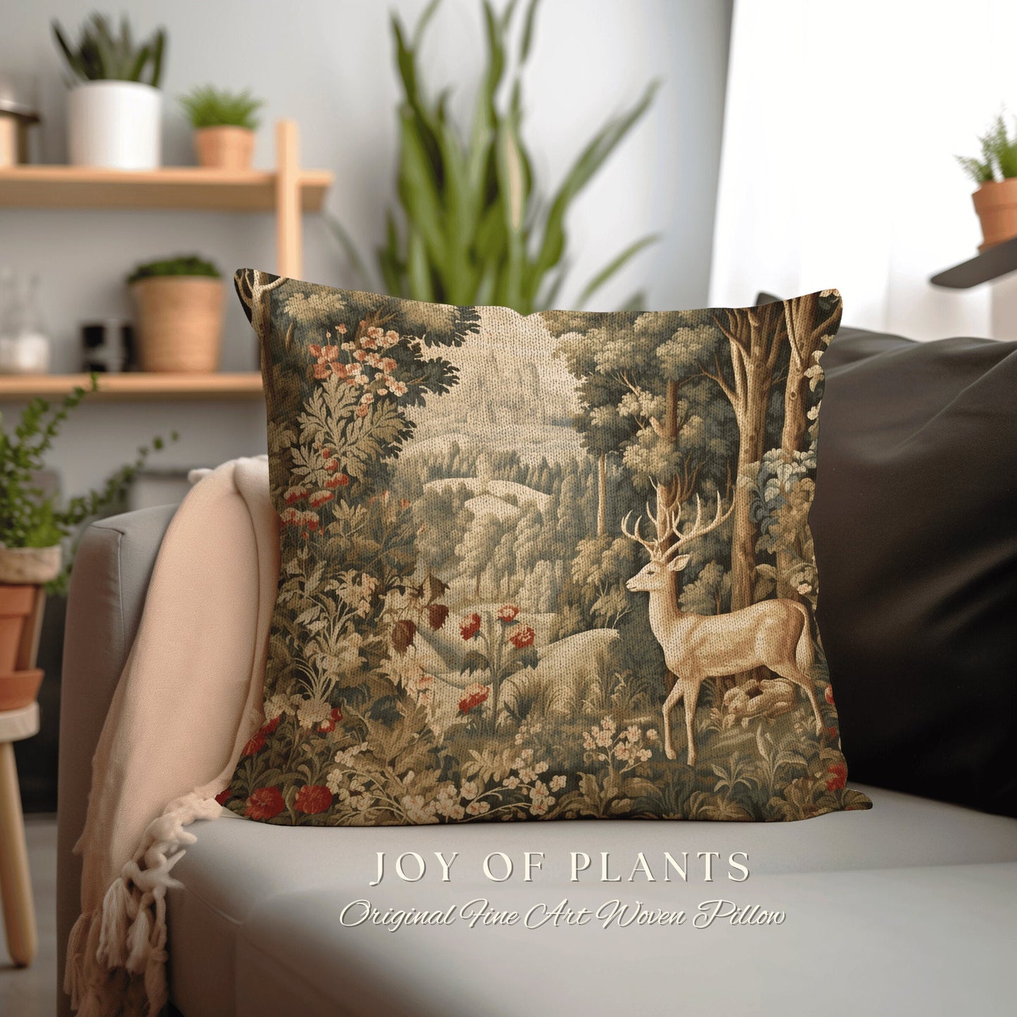 Woodland Fairycore Decor Folklore Aesthetic Cottagecore Deer Pillow William Morris Inspired Cushion Ornate Home Decor Throw Pillow Eclectic