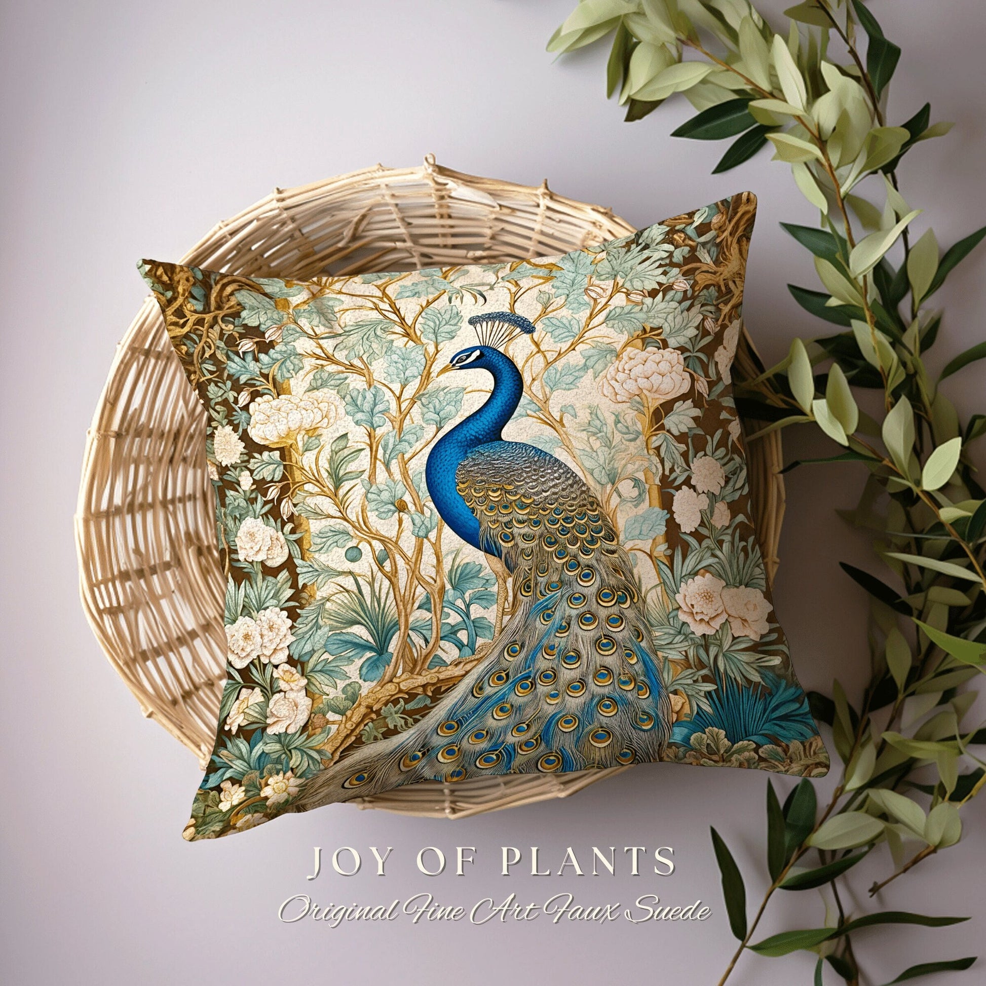 Soft Botanical Peacock Pillow | William Morris Style Peacock Pillow Woodland Royal Aesthetic Cushion Botanical Ornate Home Decor Eclectic