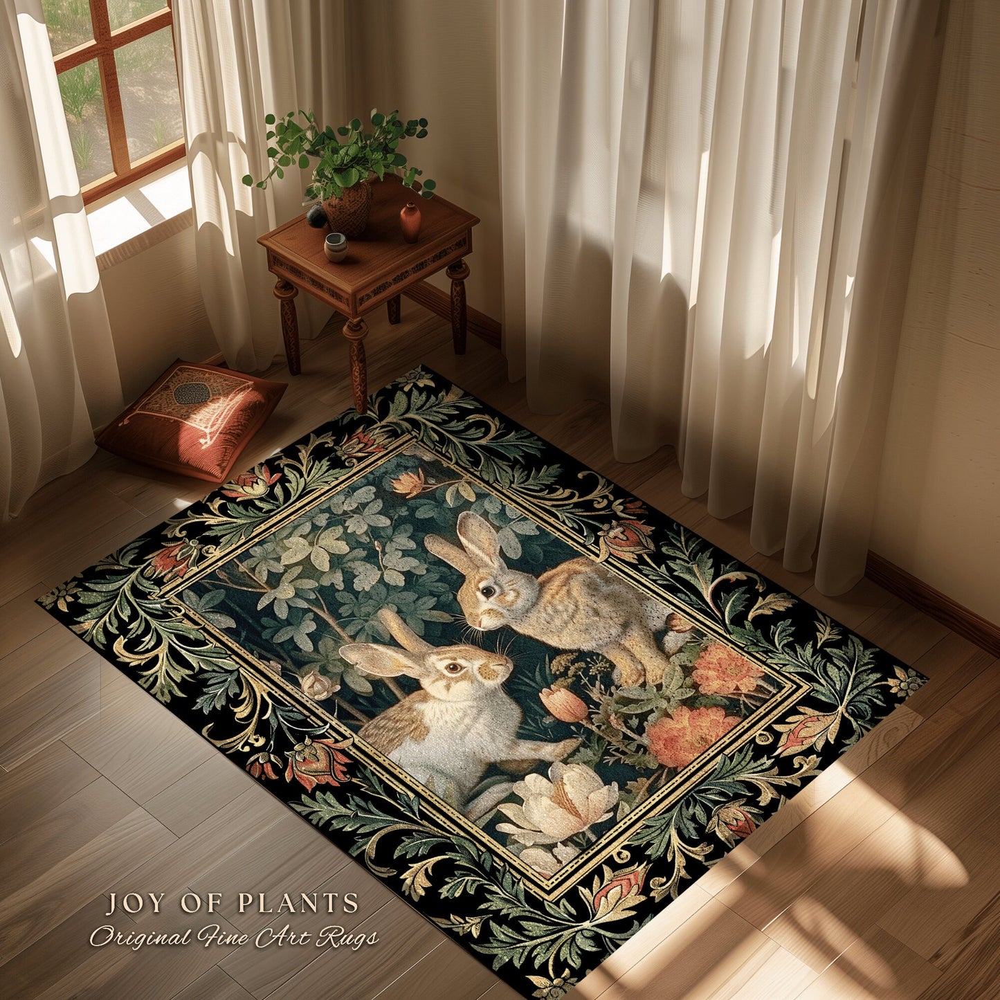 Botanical Bedroom Decor Round Rabbit Rug Morris Inspired Cottagecore Room Light Academia Style Forestcore | Cottagecore Bunnies Floral Rug