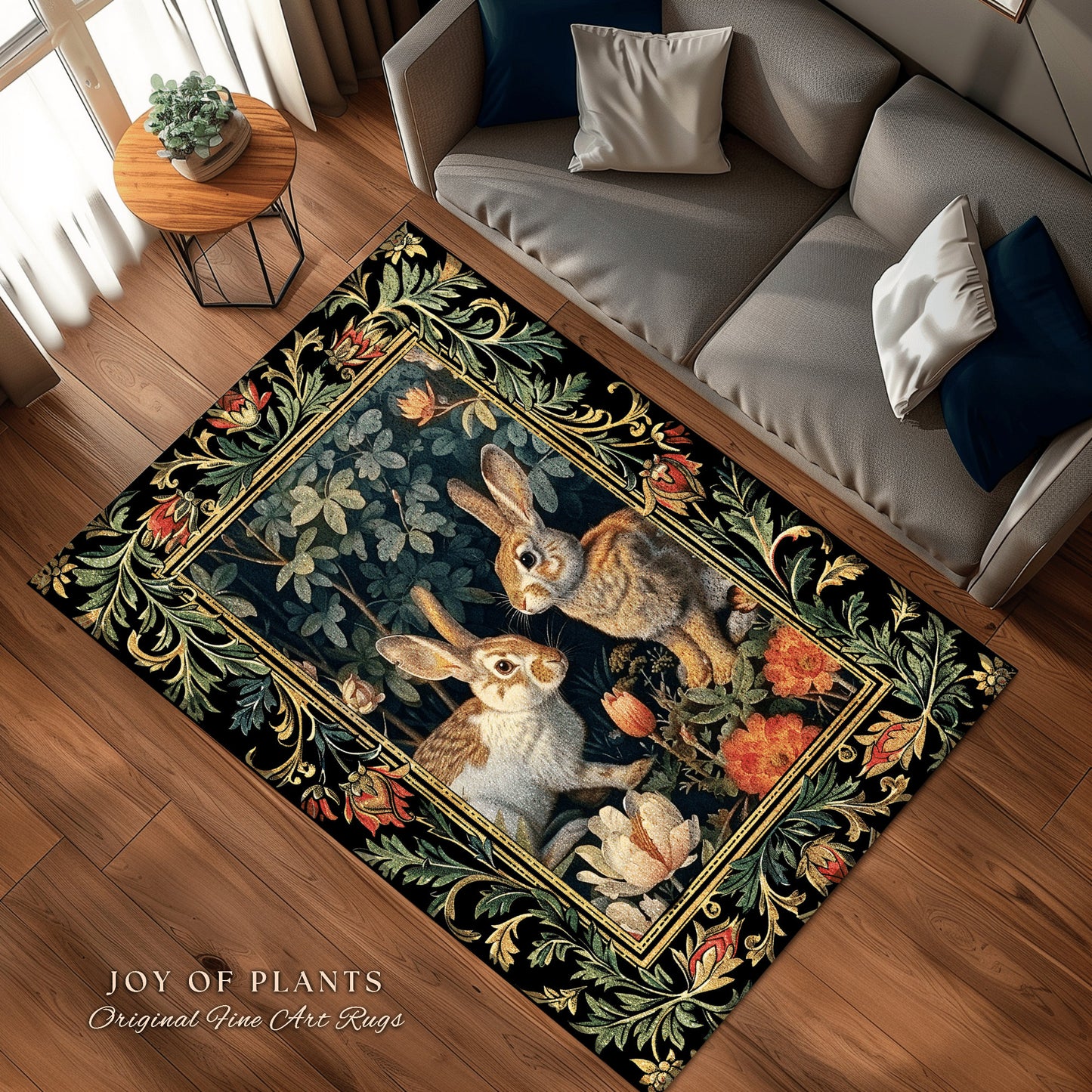 Botanical Bedroom Decor Round Rabbit Rug Morris Inspired Cottagecore Room Light Academia Style Forestcore | Cottagecore Bunnies Floral Rug