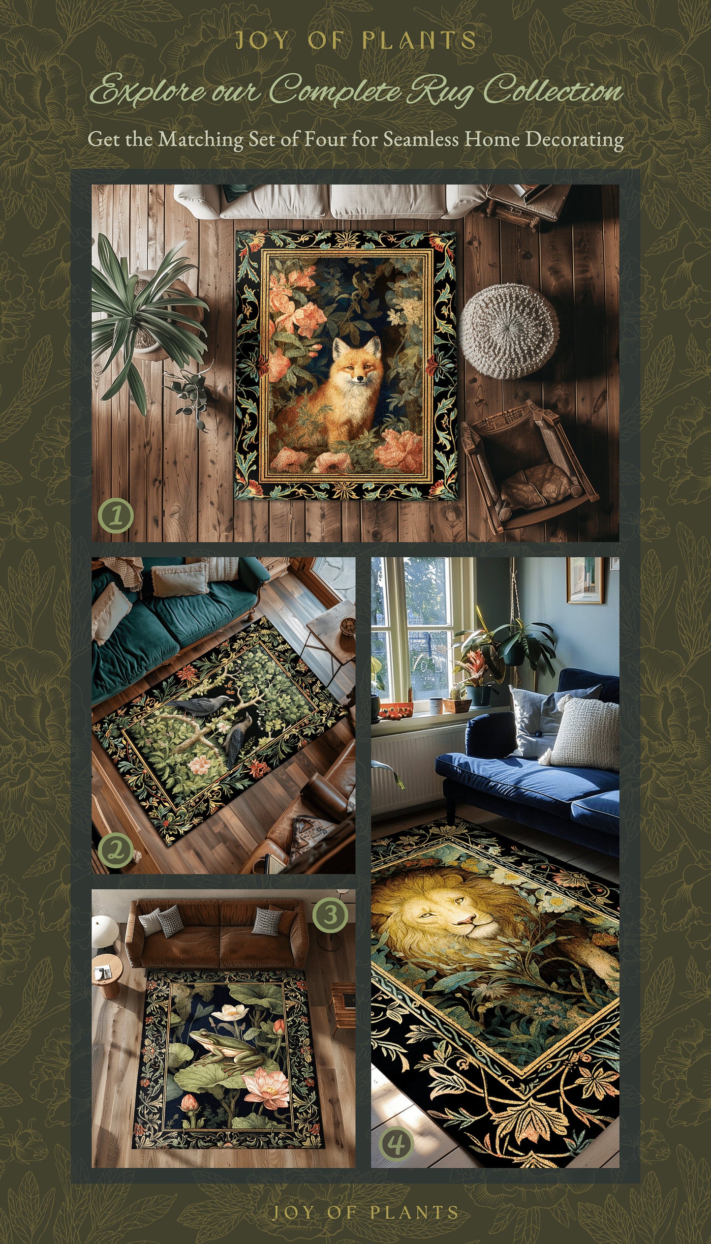 Dark Jungle Lion Botanical Rug Dark Academia Decor | King of the Jungle Morris Inspired Dark Cottagecore Floral Decor Gift for Lion Lovers