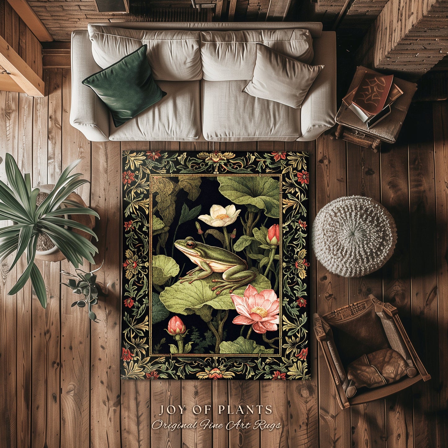 Boho Cottagecore Botanical Frog Rug Whimsigothic Decor | Goblincore Dark Floral Frog Rug Nature Lover Morris Style Decor Lily Pad Frog Rug