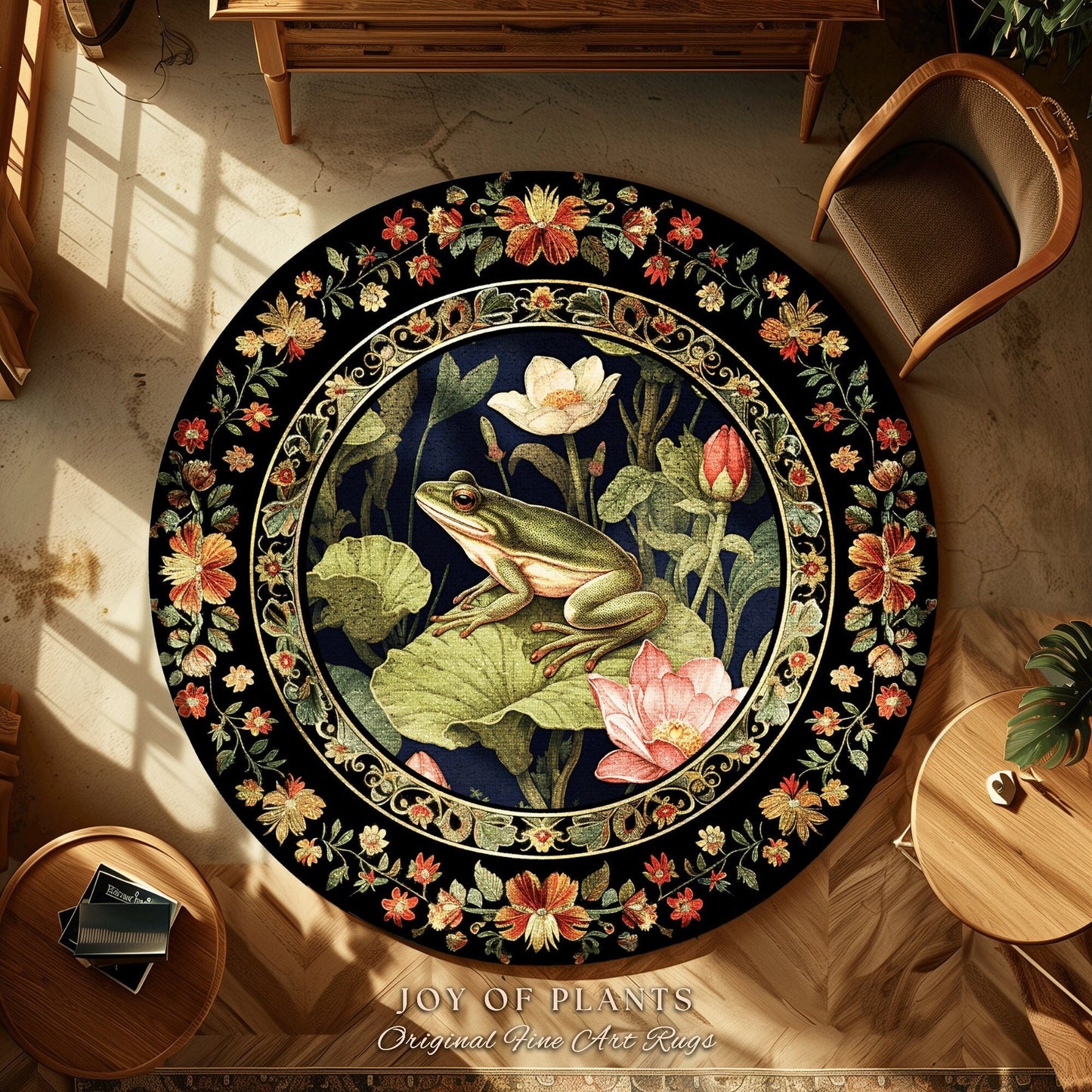 Boho Cottagecore Botanical Frog Rug Whimsigothic Decor | Goblincore Dark Floral Frog Rug Nature Lover Morris Style Decor Lily Pad Frog Rug
