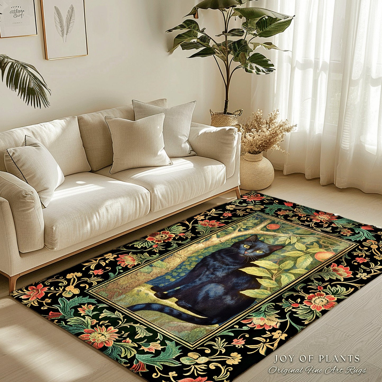 Dark Woodland Vintage Aesthetic Mystical Black Cat Rug | Whimsigoth Cottagecore Cat Lover Decor Forestcore Morris Inspired Dark Academia Rug