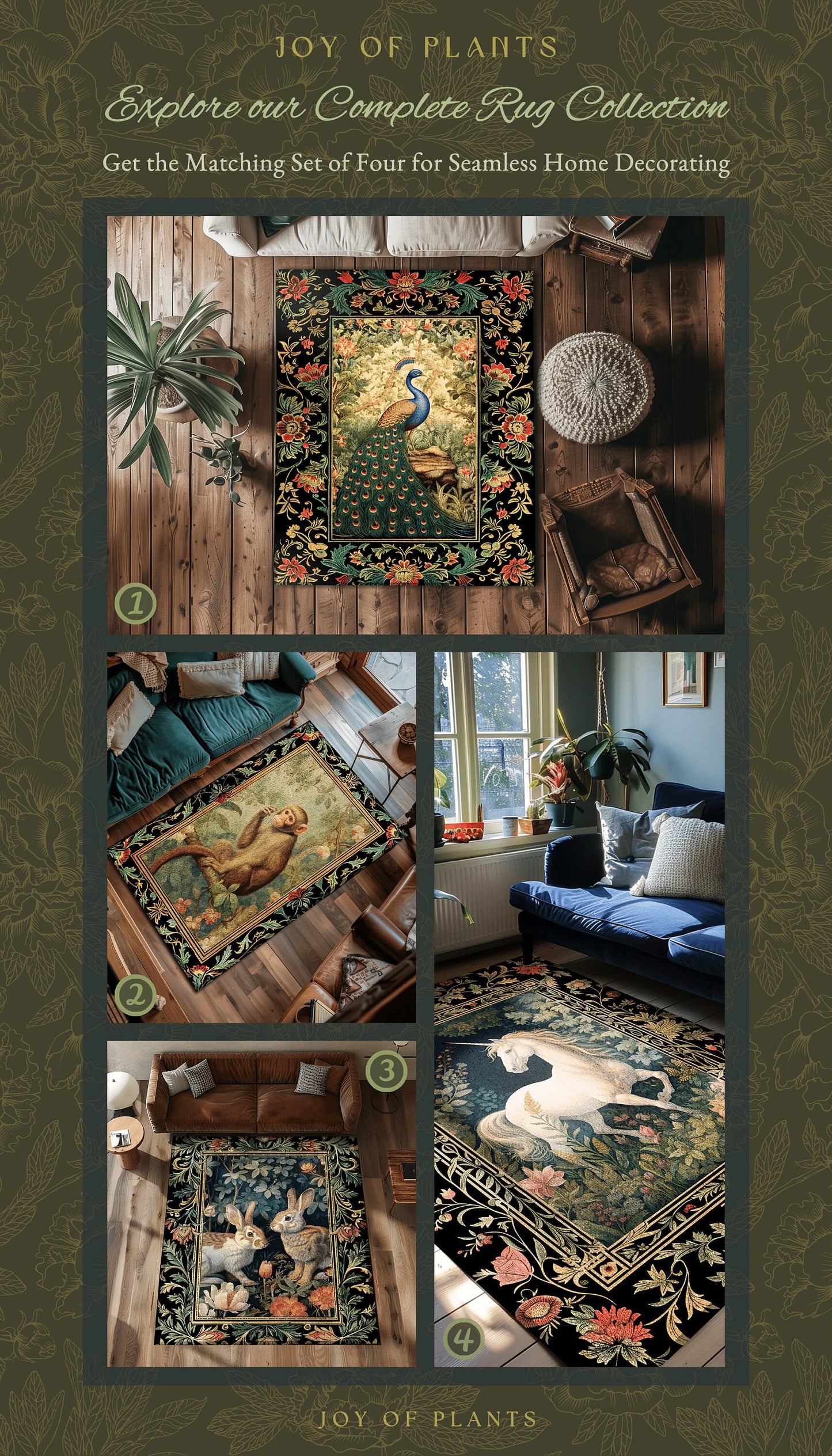 Folk Art Unicorn Area Rug | Princesscore Bedroom Decor William Morris Inspired Cottagecore Room Light Academia Style Rug Mystical Folklore