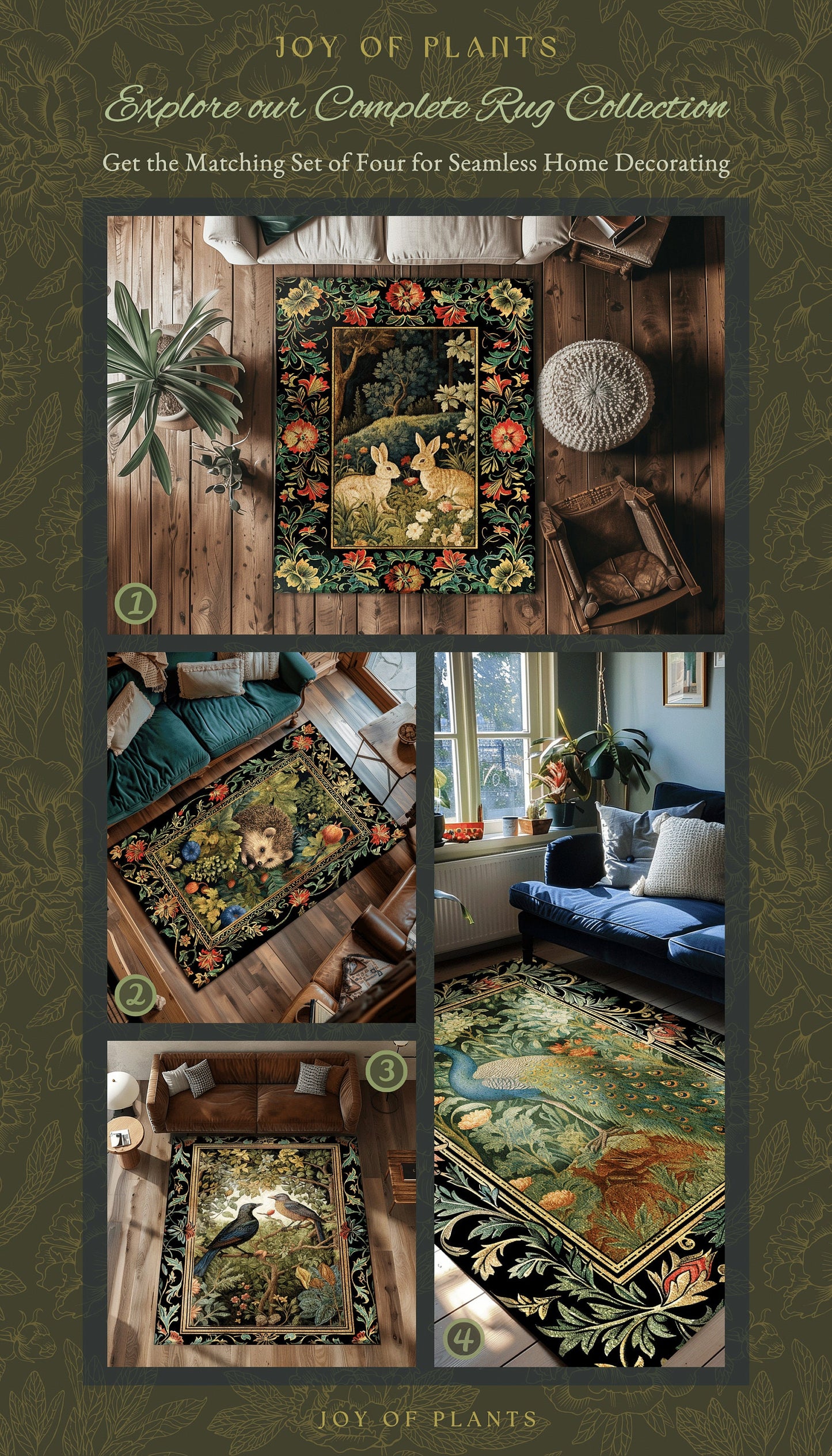 Forestcore Hedgehog Botanical Rug Woodland Gothic Decor | Dark Botanical Cottagecore Nature Lover Gift Rustic Fall Decor Forest Animal Rug