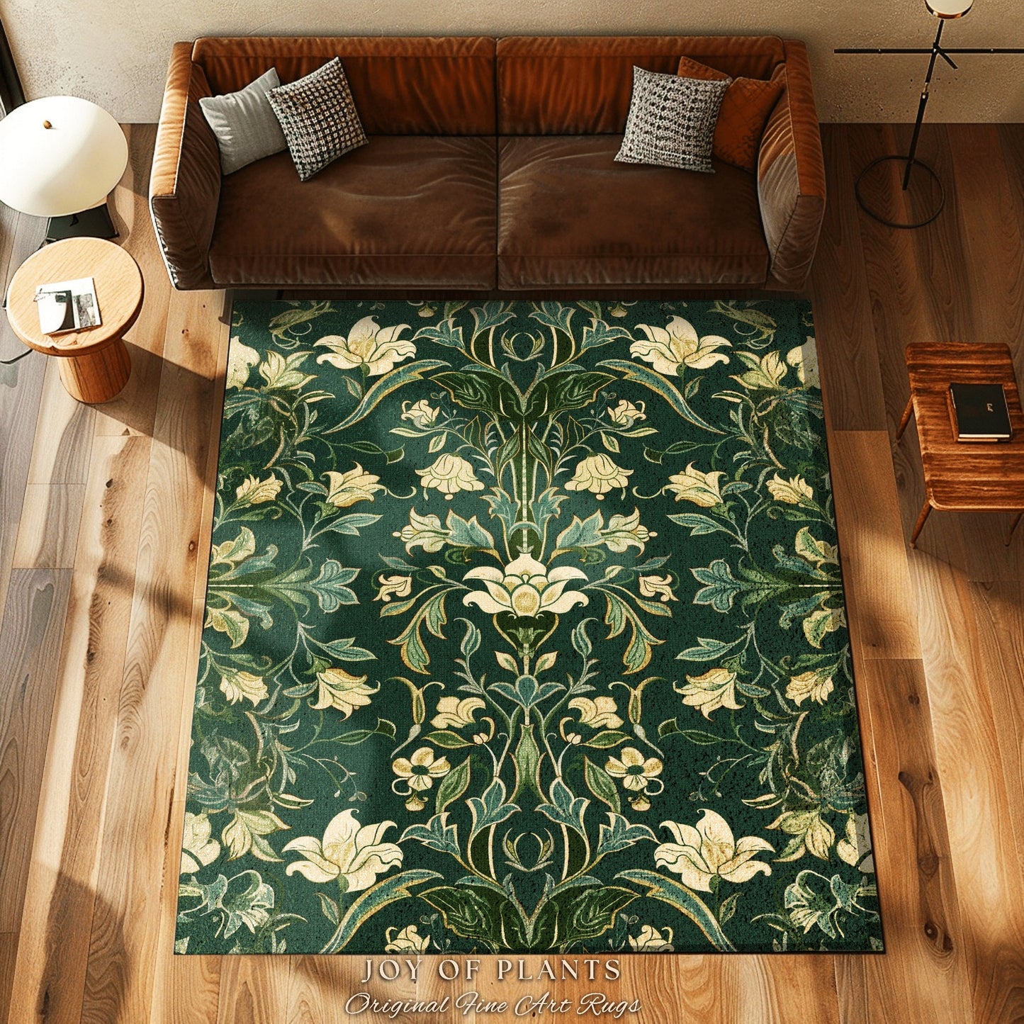 Floral Art Deco Modern Maximalist Rug | Emerald Green Botanical Bedroom Decor Traditional Aesthetic Floor Rug Room Accent Cottagecore Style