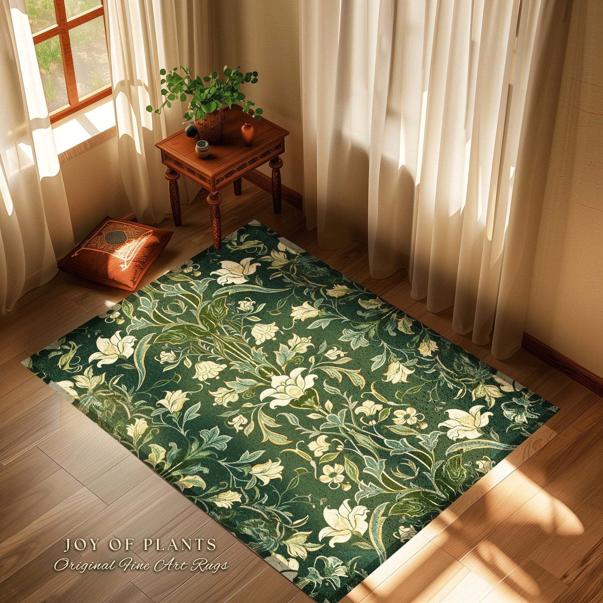 Floral Art Deco Modern Maximalist Rug | Emerald Green Botanical Bedroom Decor Traditional Aesthetic Floor Rug Room Accent Cottagecore Style