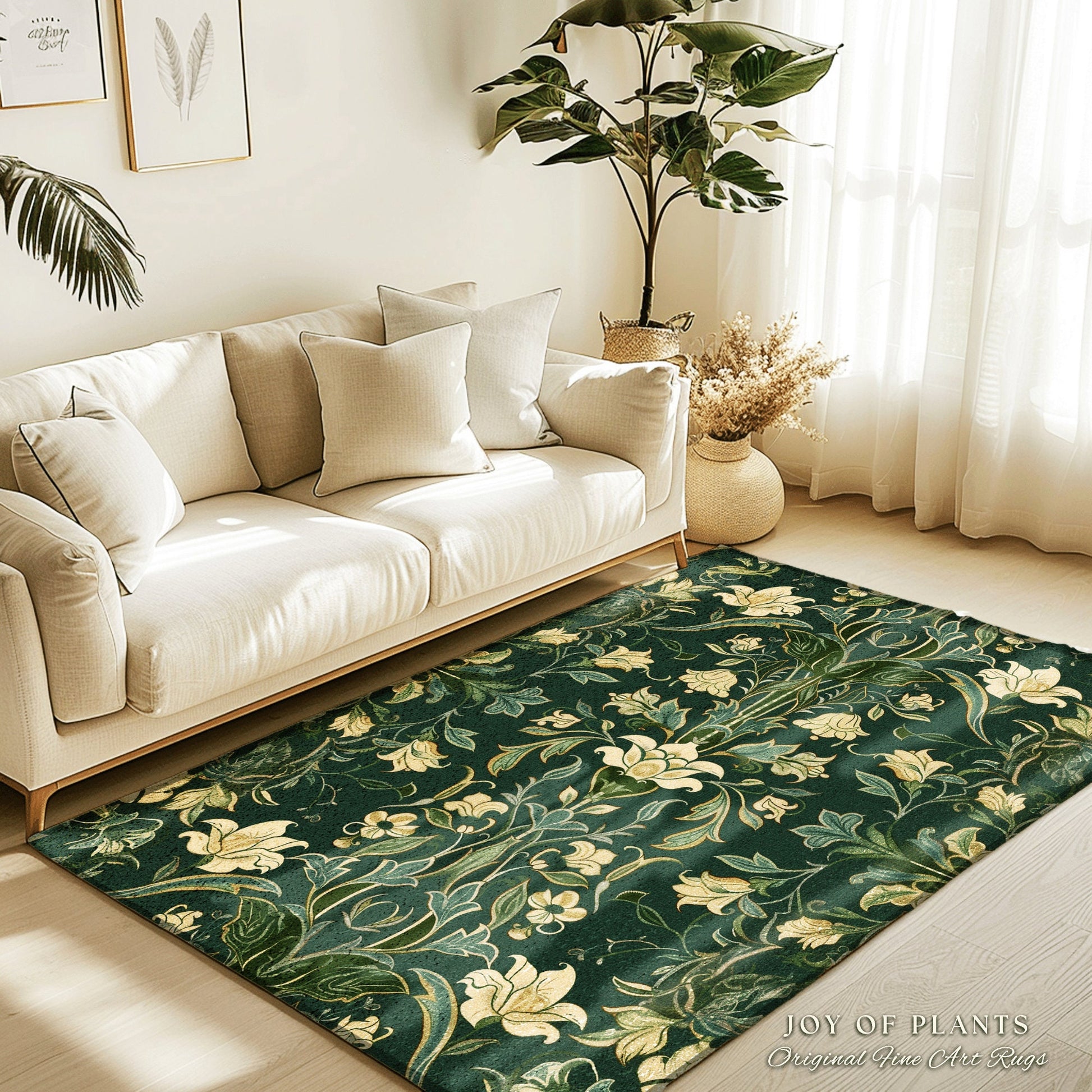 Floral Art Deco Modern Maximalist Rug | Emerald Green Botanical Bedroom Decor Traditional Aesthetic Floor Rug Room Accent Cottagecore Style